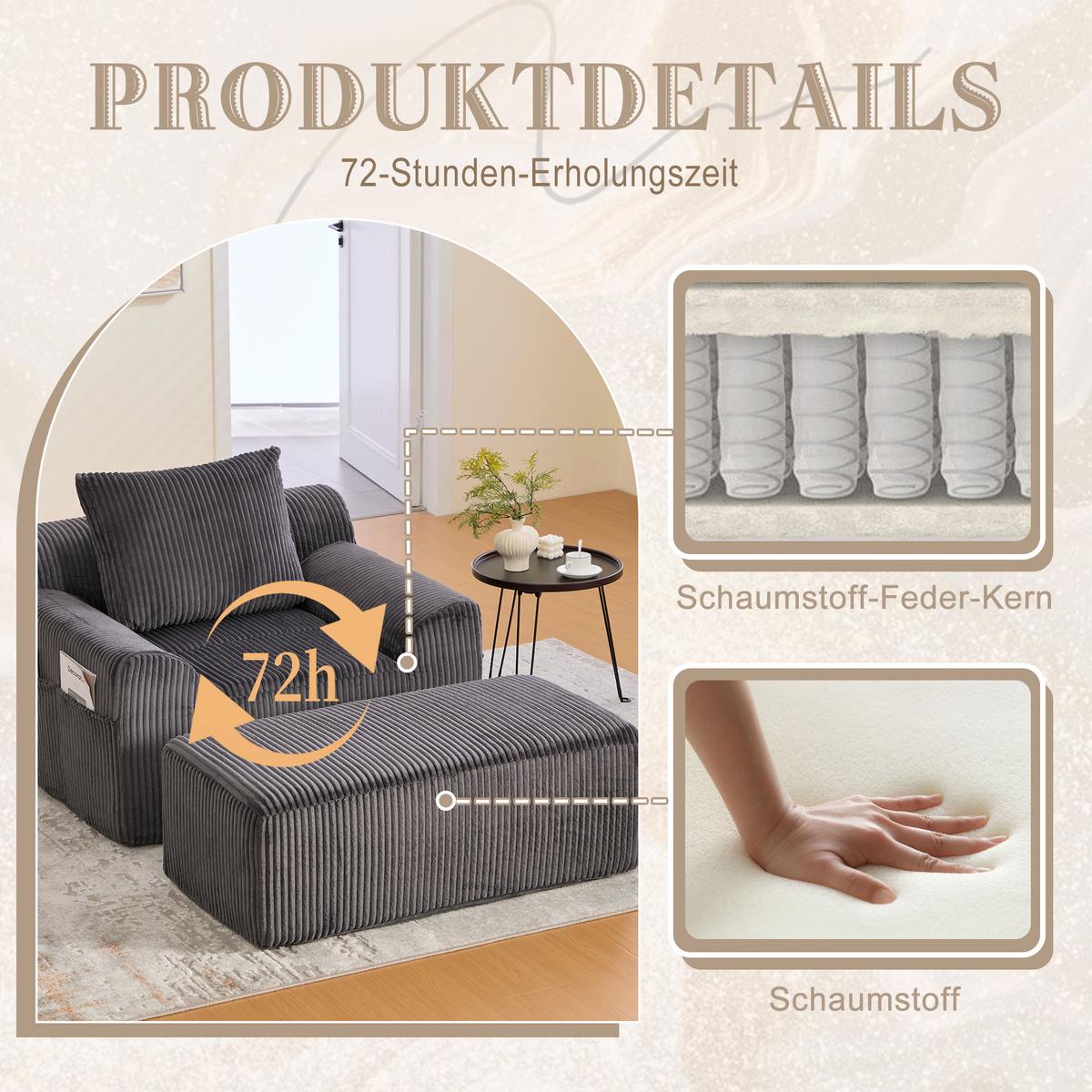 SESSEL mit Hocker in Cord Übergroßer Relaxsessel - Dunkelgrau, Textil (110/67/147cm) - Urban Meuble