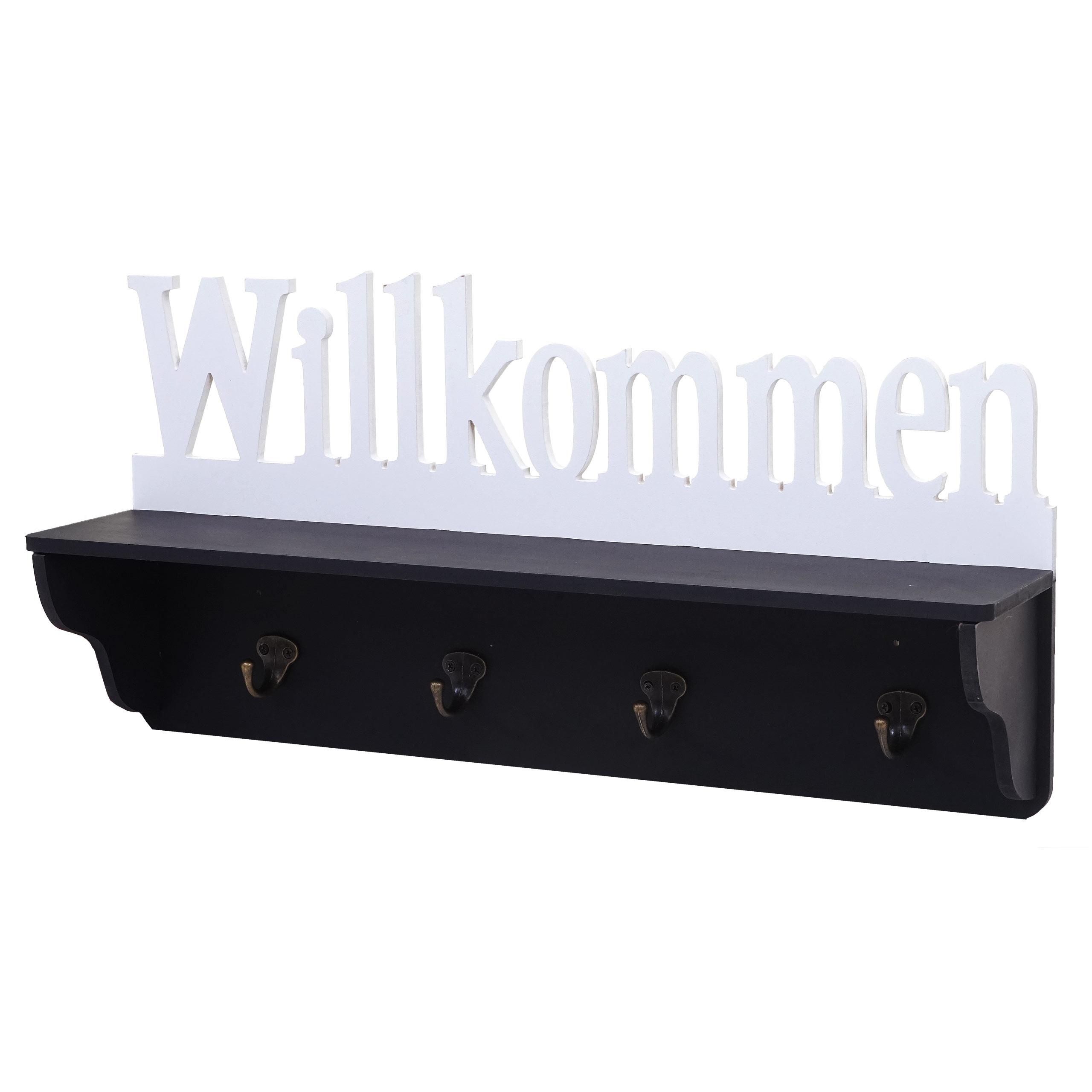 WANDGARDEROBE WILLKOMMEN 4 HAKEN Schwarz, Reinweiß - Schwarz/Weiß, Holz (60/30/13cm) - MCW