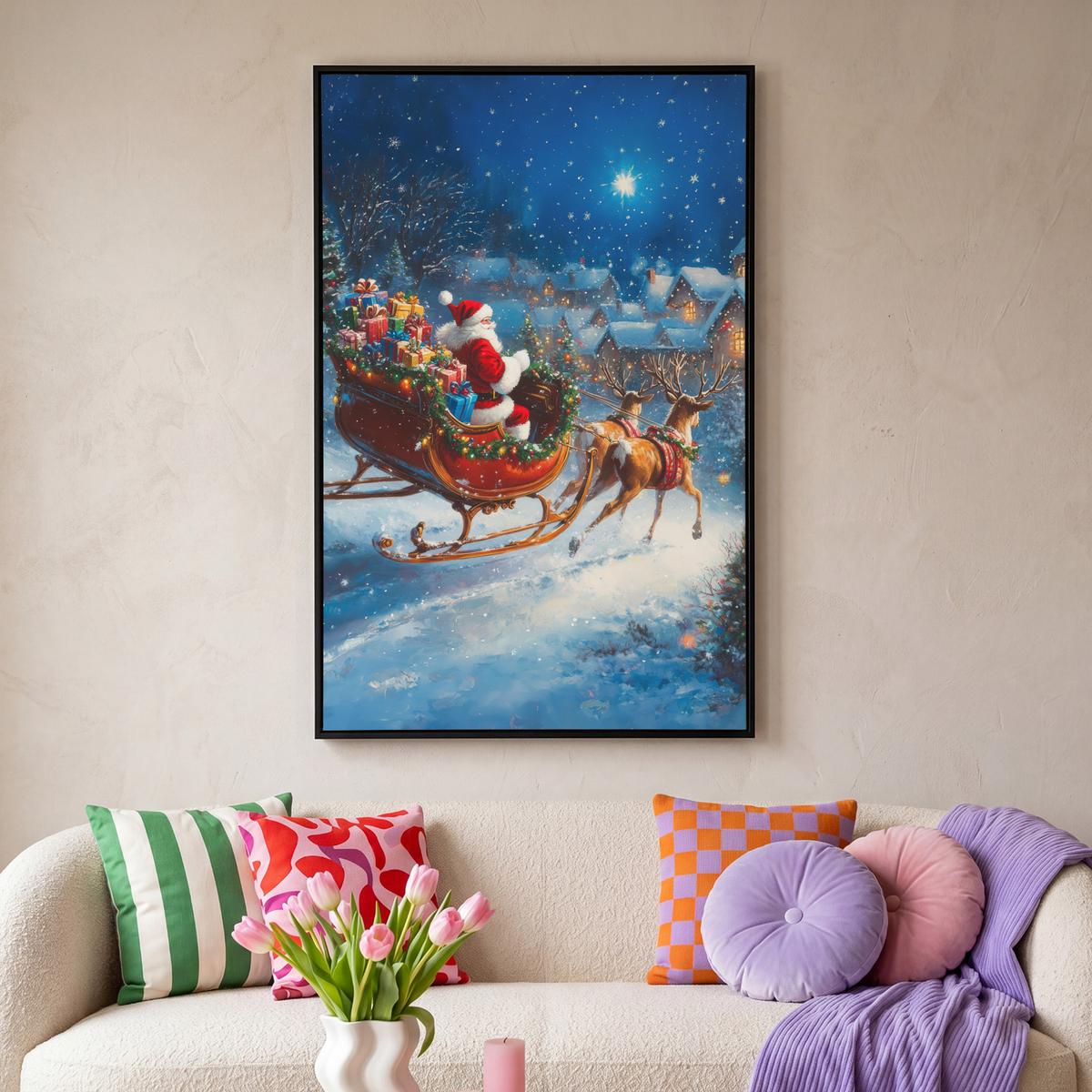 LEINWAND Bilder mit Rahmen - Weihnachtsmann - Rentier - Weihnachten - Schnee - 80x120 - Cognac, Textil (80/120cm) - MuchoWow
