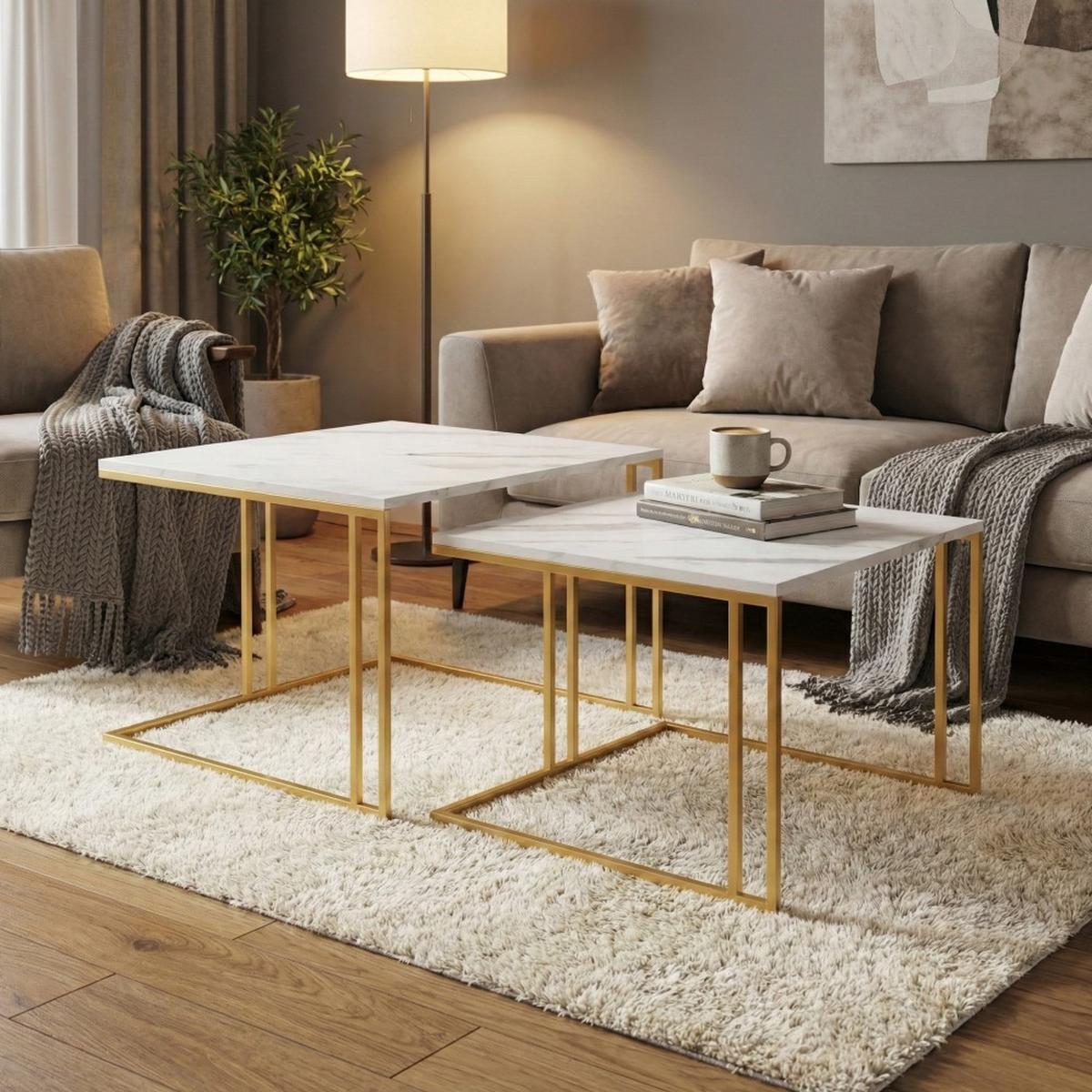 COUCHTISCH Astra, Doppel Kaffeetisch im Loft-Stil, Goldfarben+Marmor Bianco - Goldfarben/Weiß, Metall (76/76/50cm) - Beautysofa