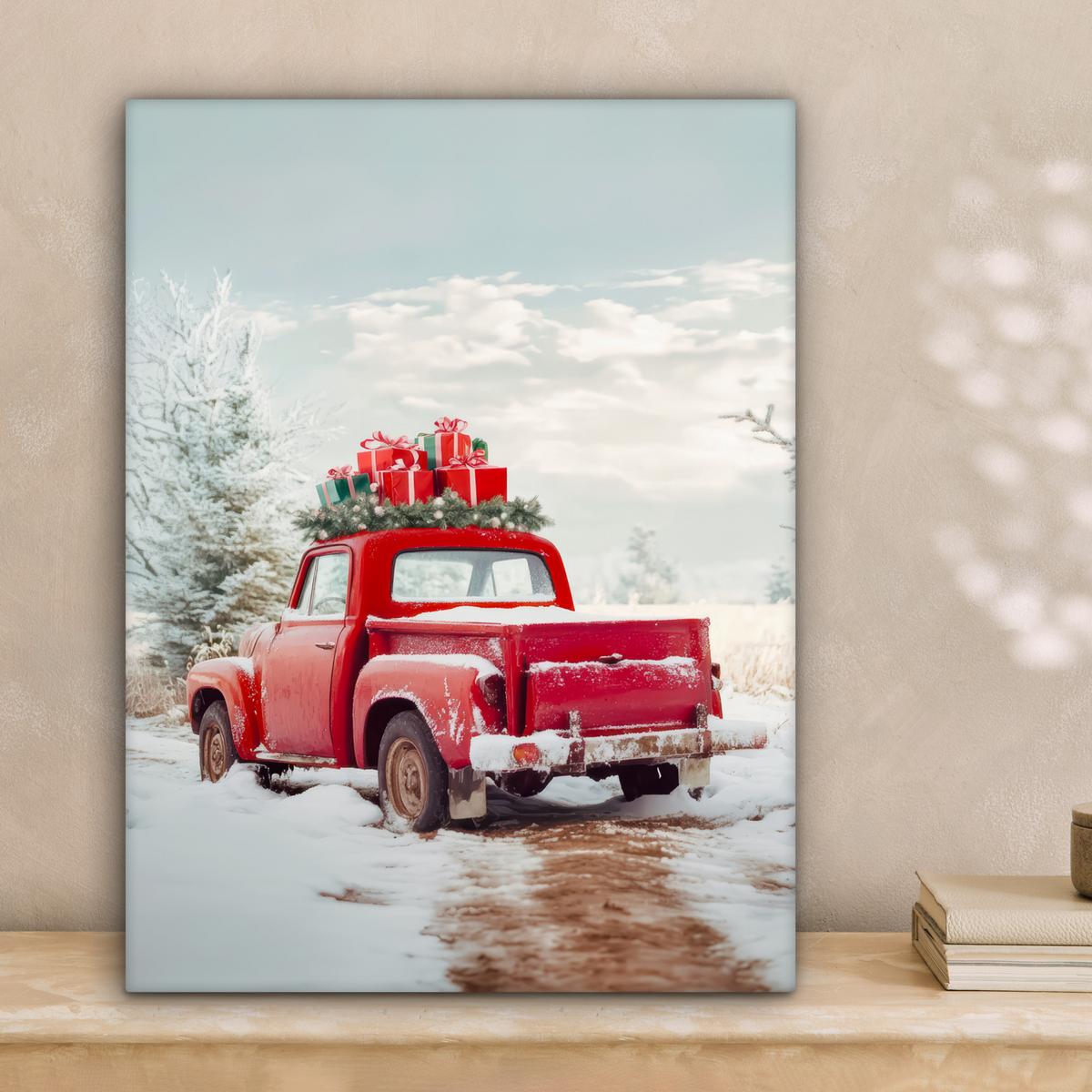LEINWANDBILD Auto - Rot - Geschenke - Winter - Schnee - Weihnachten Room Decor 30x40 cm - Rot, Textil (30/40cm) - MuchoWow