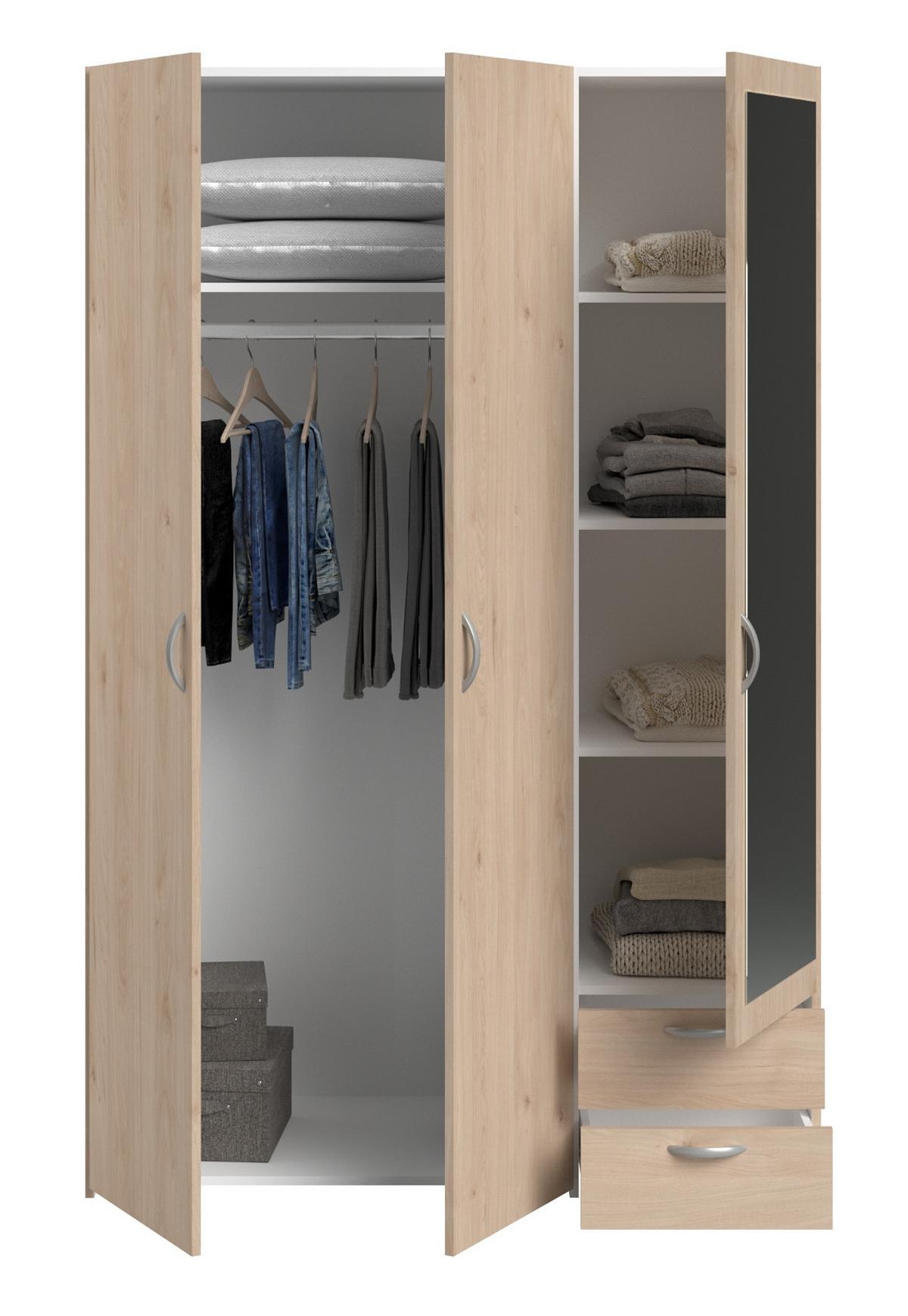 KLEIDERSCHRANK mit Spiegel Eiche 120 x 185 cm, Drehtürenschrank mit 3 Türen - Eichefarben/Silberfarben, Holzwerkstoff/Kunststoff (120/185/51cm) - Furn.Design
