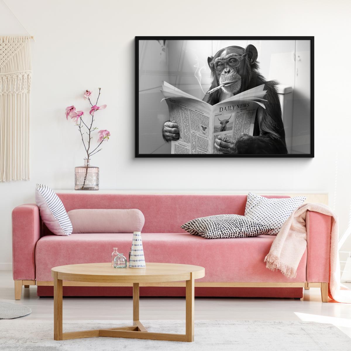 POSTER MIT RAHMENGERAHMTES BILD Affe - WC - Zeitung - Schwarz-Weiß - Humor 120x80 cm - Hellgrau, Papier (120/80cm) - MuchoWow