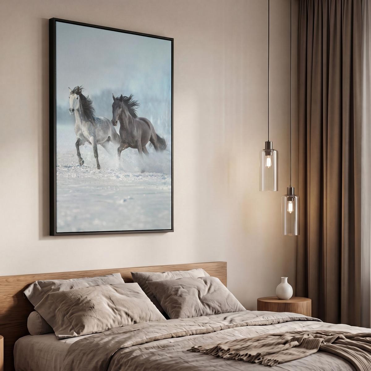 LEINWAND Bilder mit Rahmen - Pferde - Winter - Tiere - Natur - Schnee - 60x90 - Anthrazit, Textil (60/90cm) - MuchoWow