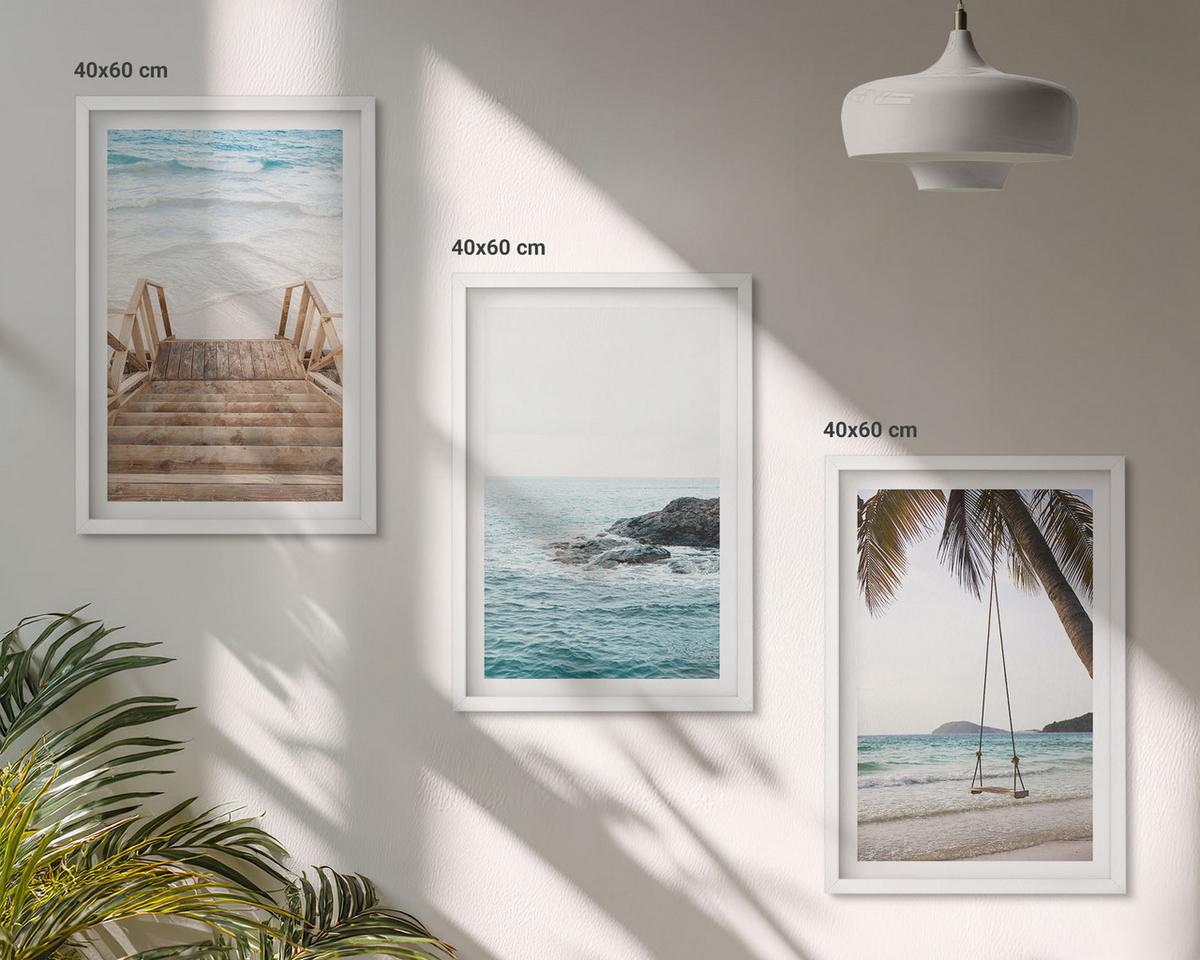 BILDER SET 3er Set - 40x60 cm Weißer Rahmen - Treppe Strand Meer Schaukel - Weiß, Kunststoff (40/60cm) - TULUP