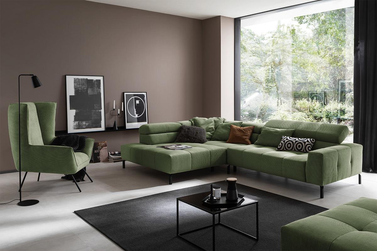 ECKSOFA OHIO Grün Cord - Schwarz/Olivgrün, Textil/Metall (311/219cm) - KAWOLA