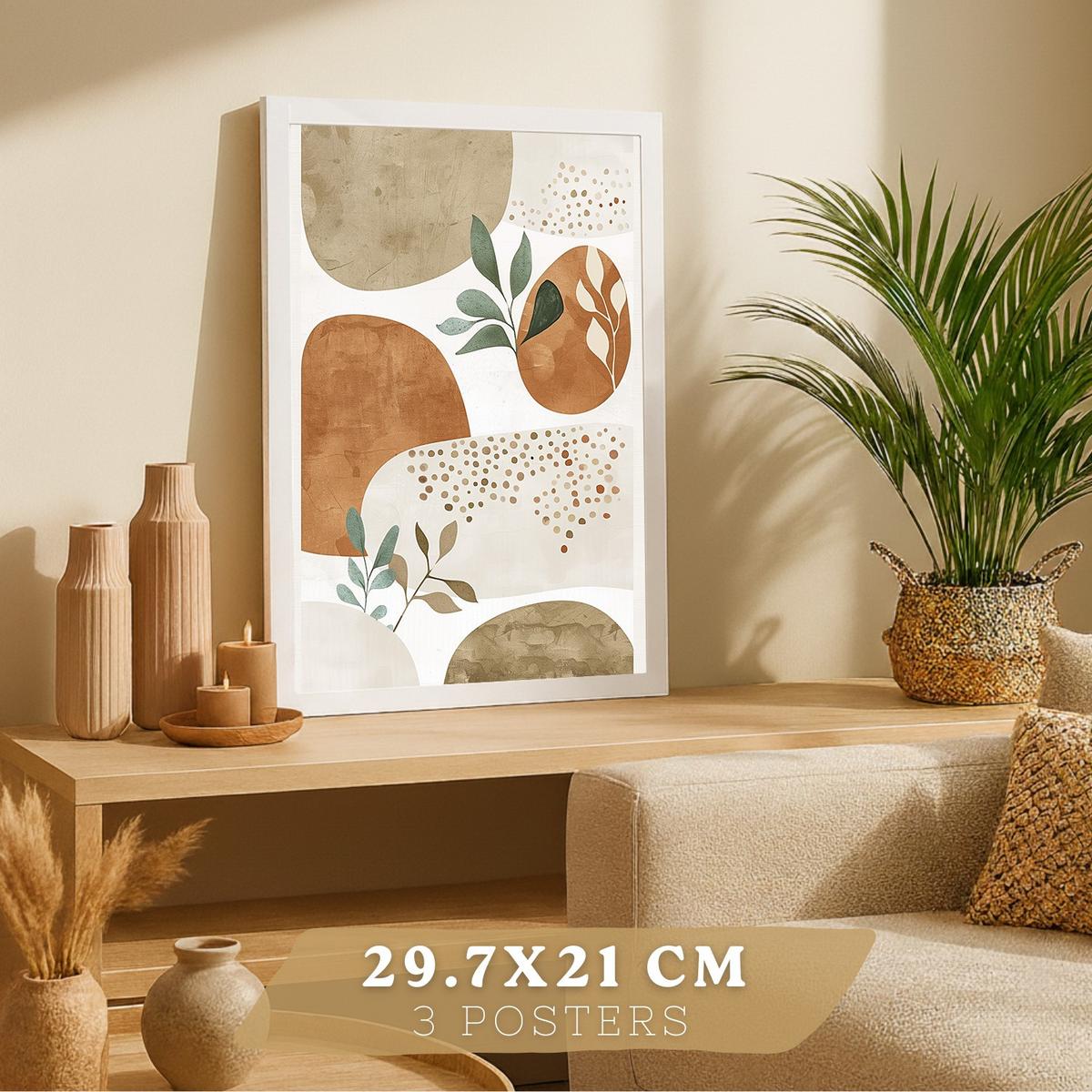 POSTER 3er Kunstdruck-Set Wandbilder Pflanzen Abstrakt Grün Braun modern Wohnzimmer Deko, Schlafzimmer, Küche, Badezimmer Weißer Rahmen A4 - Weiß, Papier (29.7/1/21cm) - Nacnic