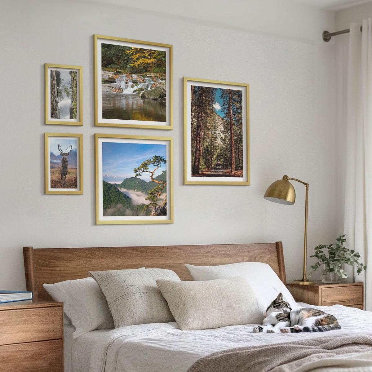 BILDER SET 5er Set - 50x50 cm & 20x30 cm & 40x60 cm Goldrahmen - Wasserfall Wald Berge Hirsch Natur - Goldfarben, Kunststoff (40/60cm) - TULUP