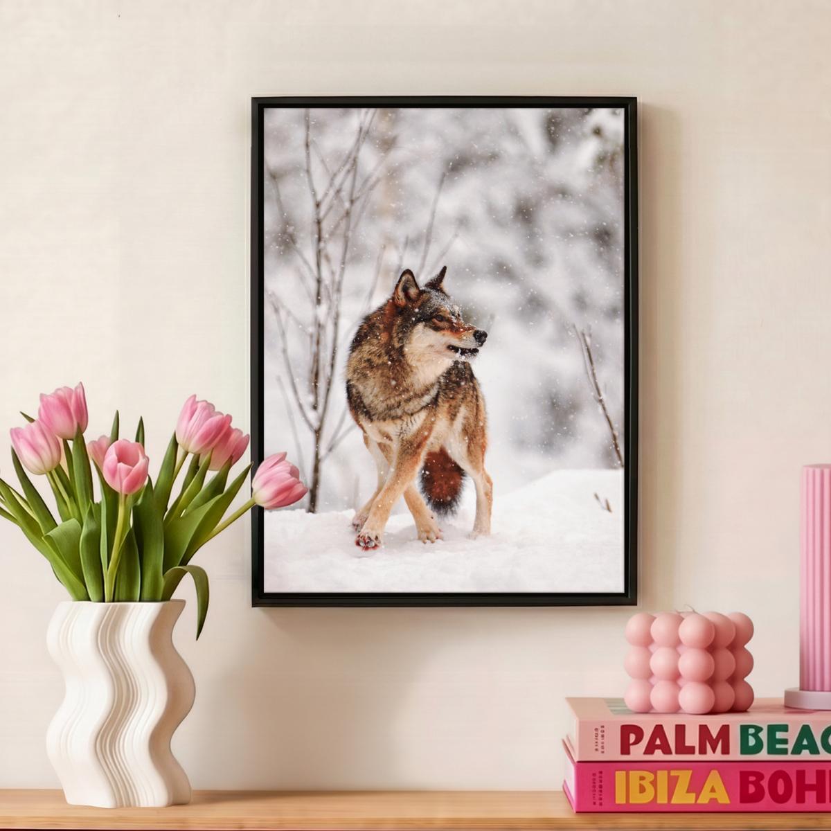 LEINWAND Bilder mit Rahmen - Wolf - Winter - Schnee - Natur - Tiere - 30x40 - Haselnussfarben, Textil (30/40cm) - MuchoWow