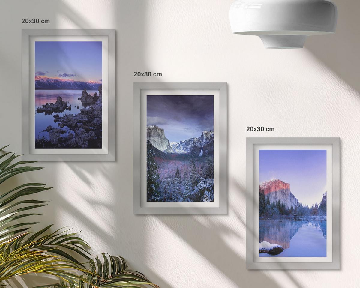 BILDER SET 3er Set - 20x30 cm Silberner Rahmen - Berglandschaften, Sonnenuntergang, Wasser - Silberfarben, Kunststoff (20/30cm) - TULUP