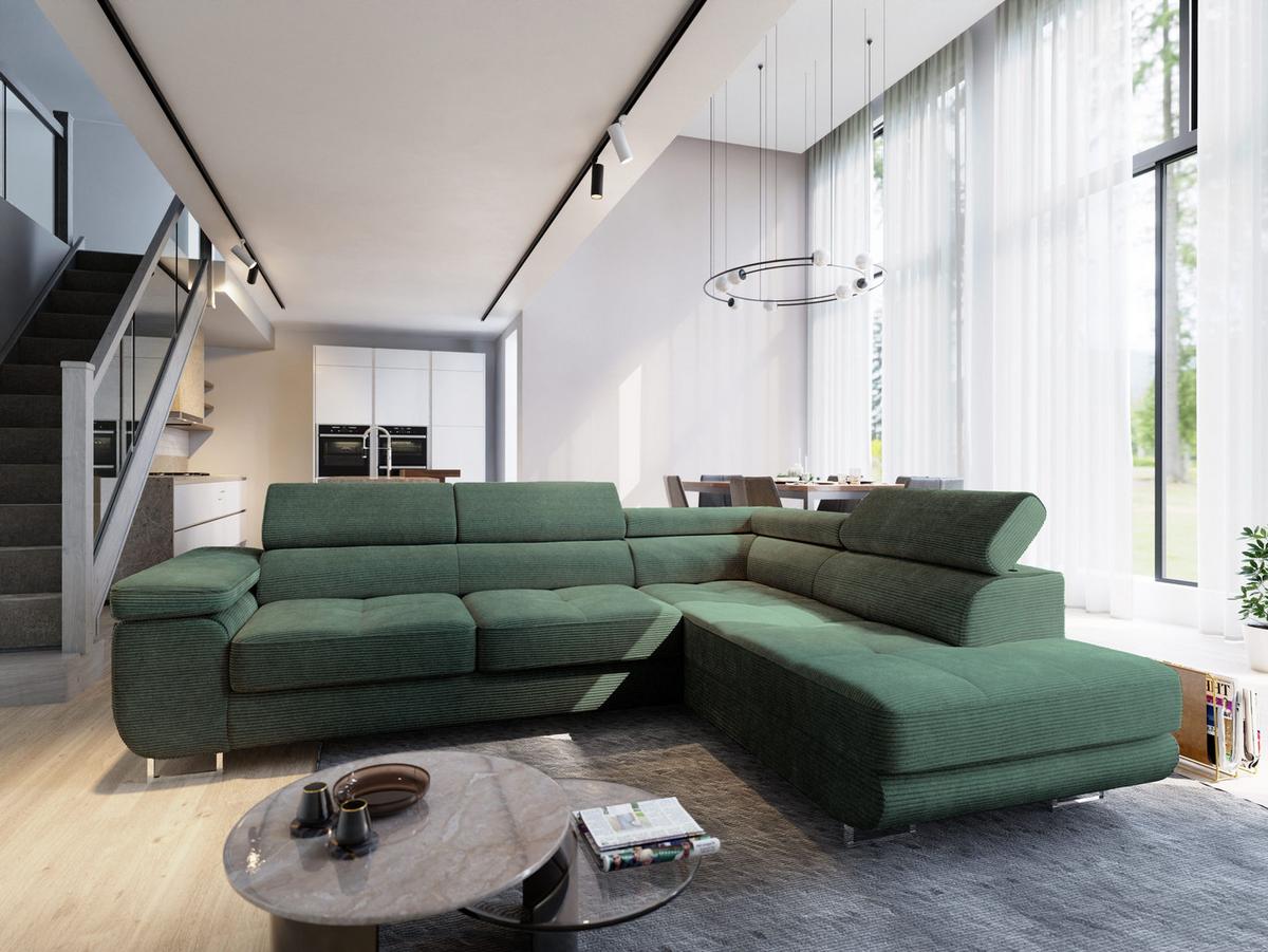 ECKSOFA APIRO R-S Grün Kordstoff mit Schlaffunktion - Silberfarben/Grün, Holz/Textil (276/202cm) - MASSENO
