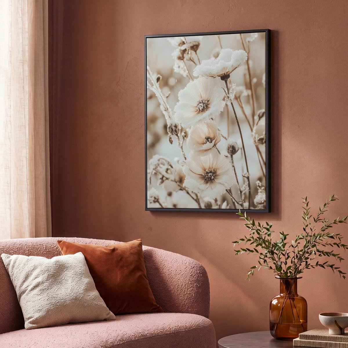 LEINWAND Bilder mit Rahmen - Blumen - Winter - Weiß - Schnee - Beige - 70x100 - Creme, Textil (70/100cm) - MuchoWow
