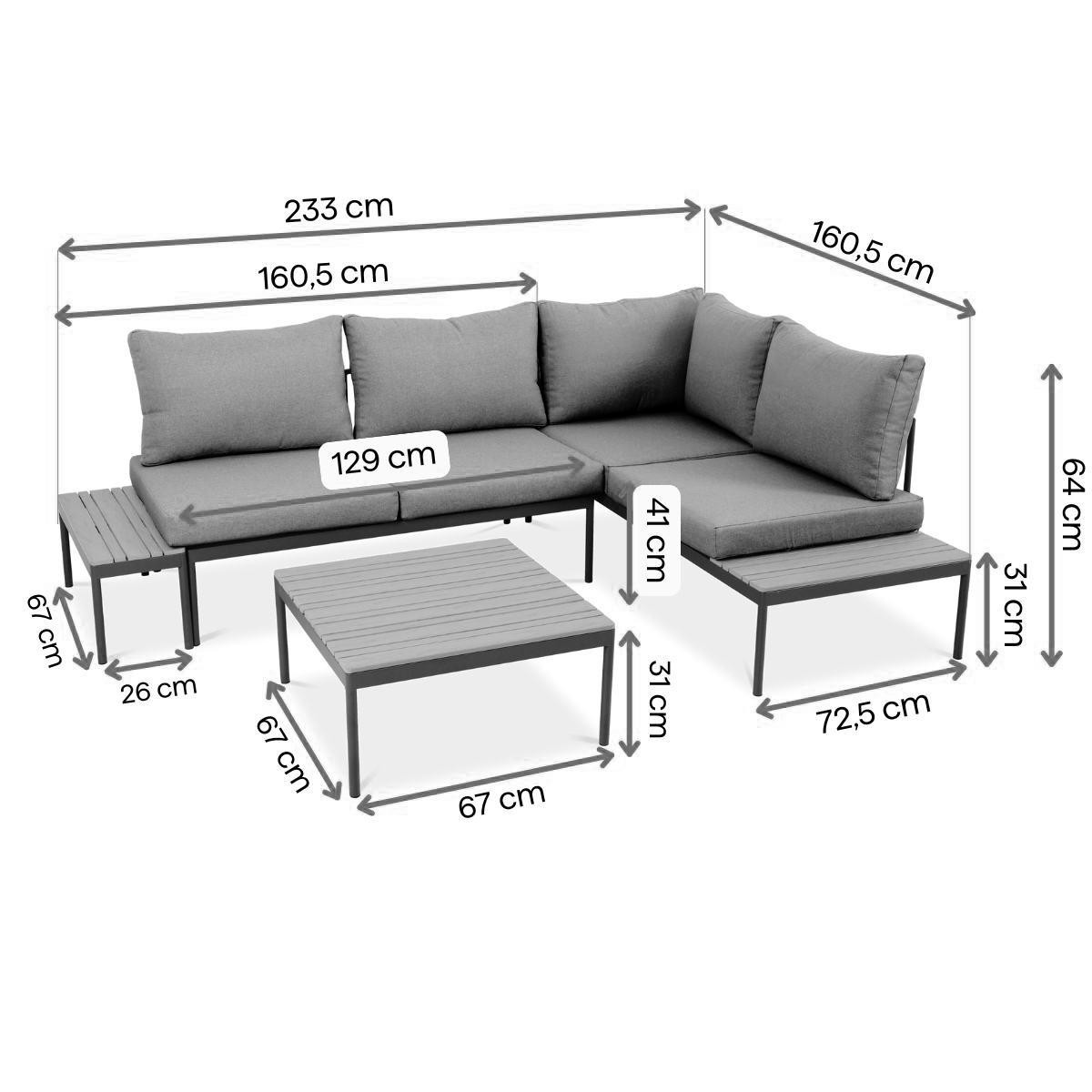 GARTENSET Livorno, modulare Bauweise , mit Ecksofa und Kaffeetisch, Metallrahmen, Hellgrau - Hellgrau, Metall - Beautysofa