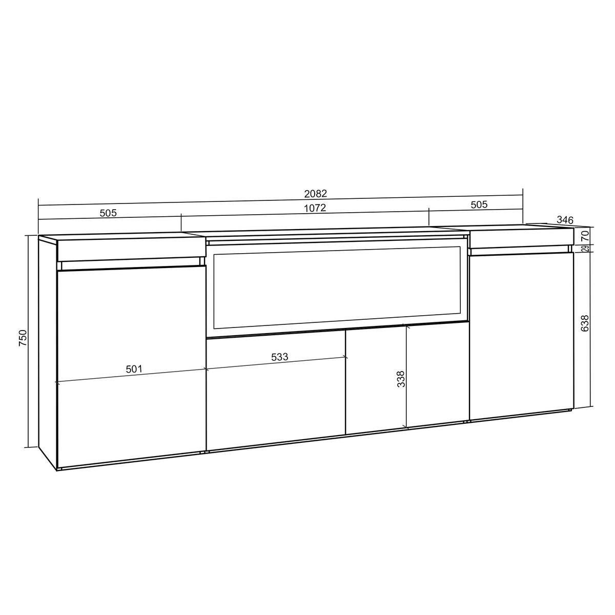 SIDEBOARD Highboard, mit Elektrokamin XXL, eiche, 208/35/75cm - Eichefarben/Multicolor, Holzwerkstoff (208/75/35cm) - Skraut Home