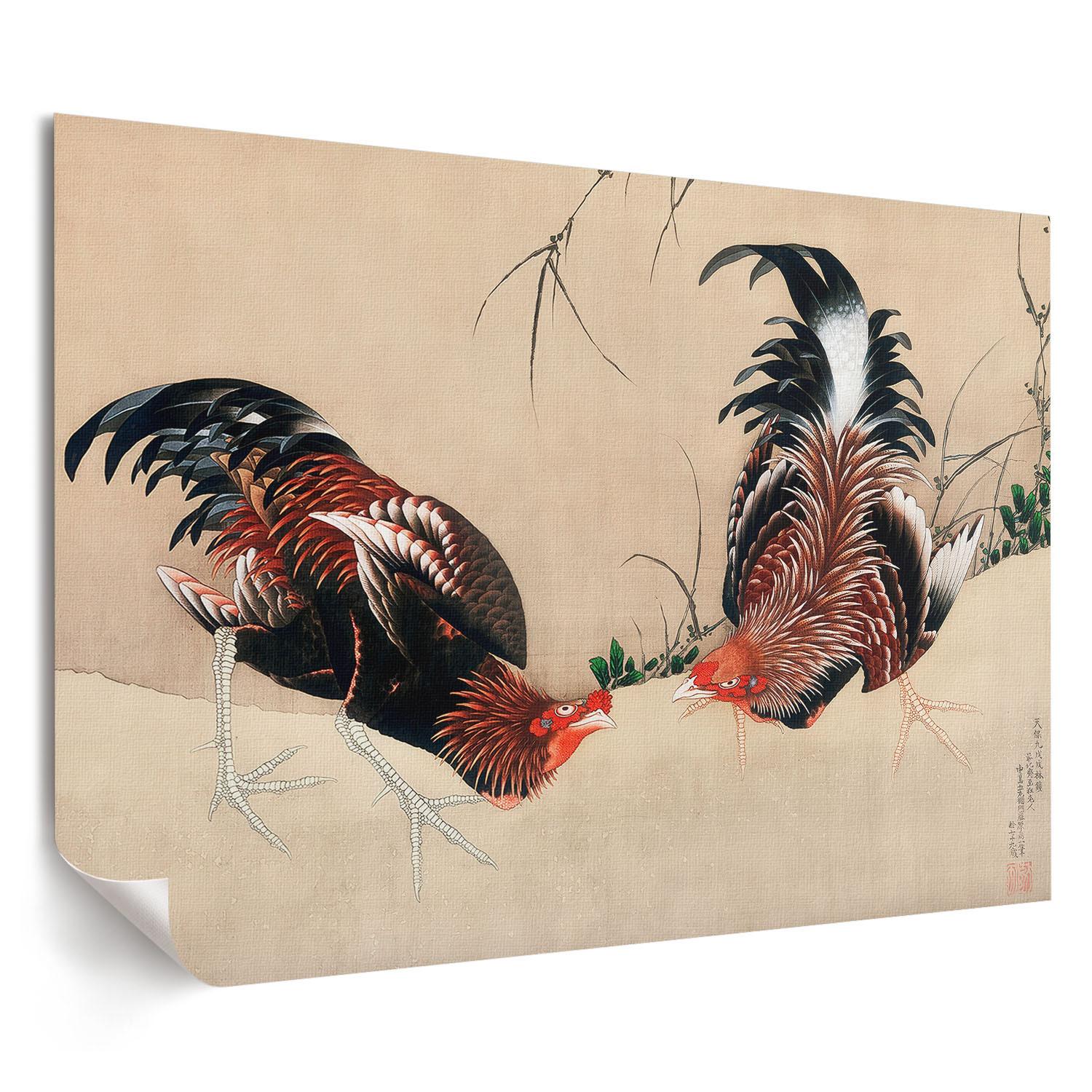 POSTER - 59x42 cm (A2) - Hokusai - Hähne - Creme, Textil (59.4/42/0.1cm) - TULUP
