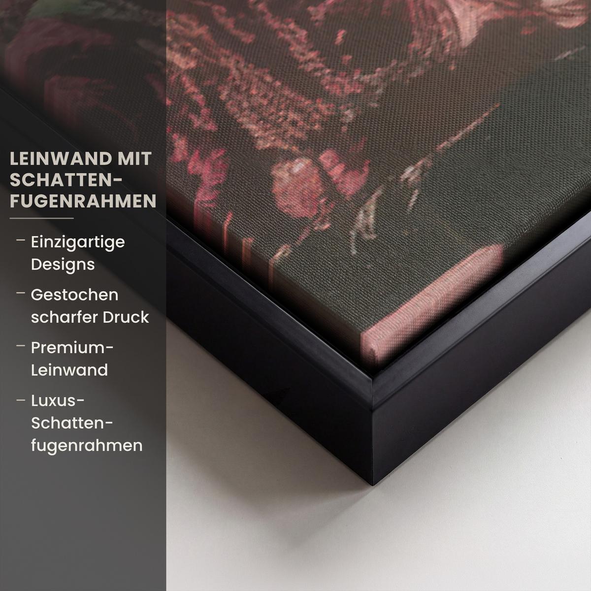 LEINWAND Bilder mit Rahmen - Frau - Katze - Blumen - Tasse - Retro - 140x90 - Magenta, Textil (140/90cm) - MuchoWow