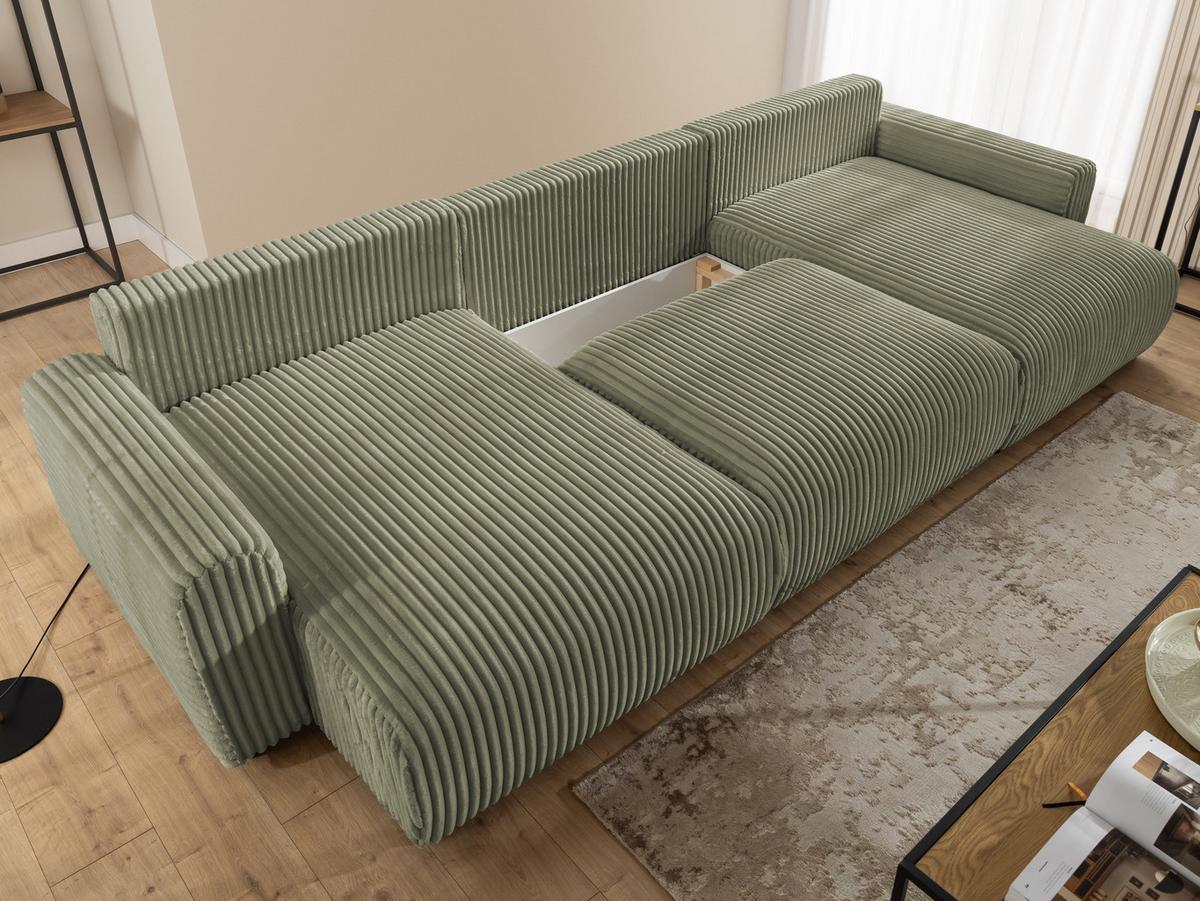 WOHNLANDSCHAFT Calma mit Schlaffunktion und Bettkasten im Bumpy-Design aus weichem Olive Plüschcord - Beige/Schwarz, Holz/Textil (336/88/140cm) - S-Style