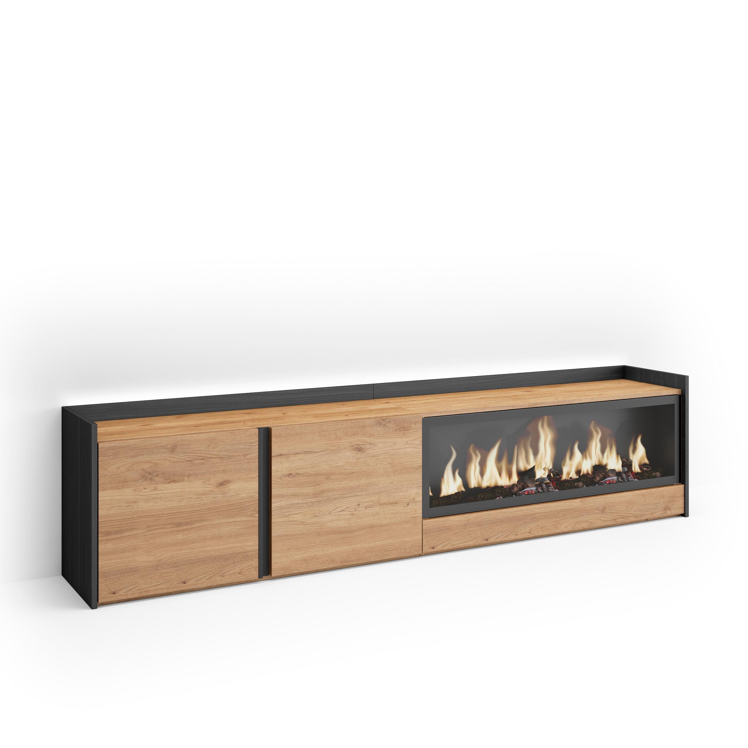 LOWBOARD, Eiche und Schwarz, 212/35/50cm, Kamin mit Feuereffekt XXL - Eichefarben, Holzwerkstoff (212/50/35cm) - Skraut Home
