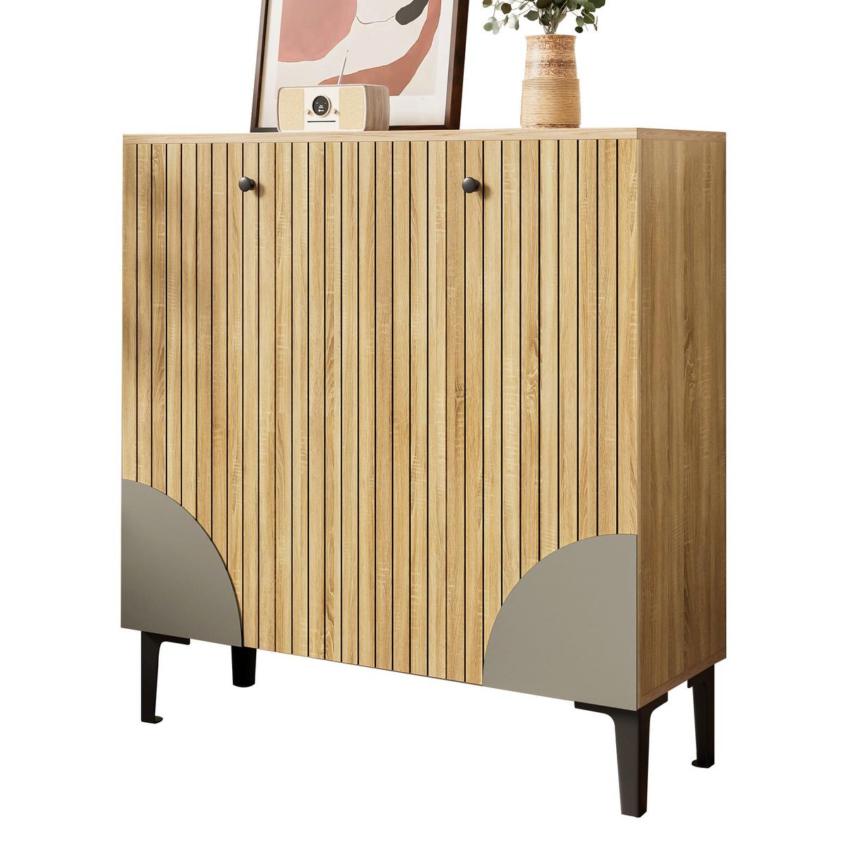 SCHUHSCHRANK in Holzoptik mit 3 Türen, Beige - Naturfarben, Holzwerkstoff (90/94/32cm) - Urban Meuble
