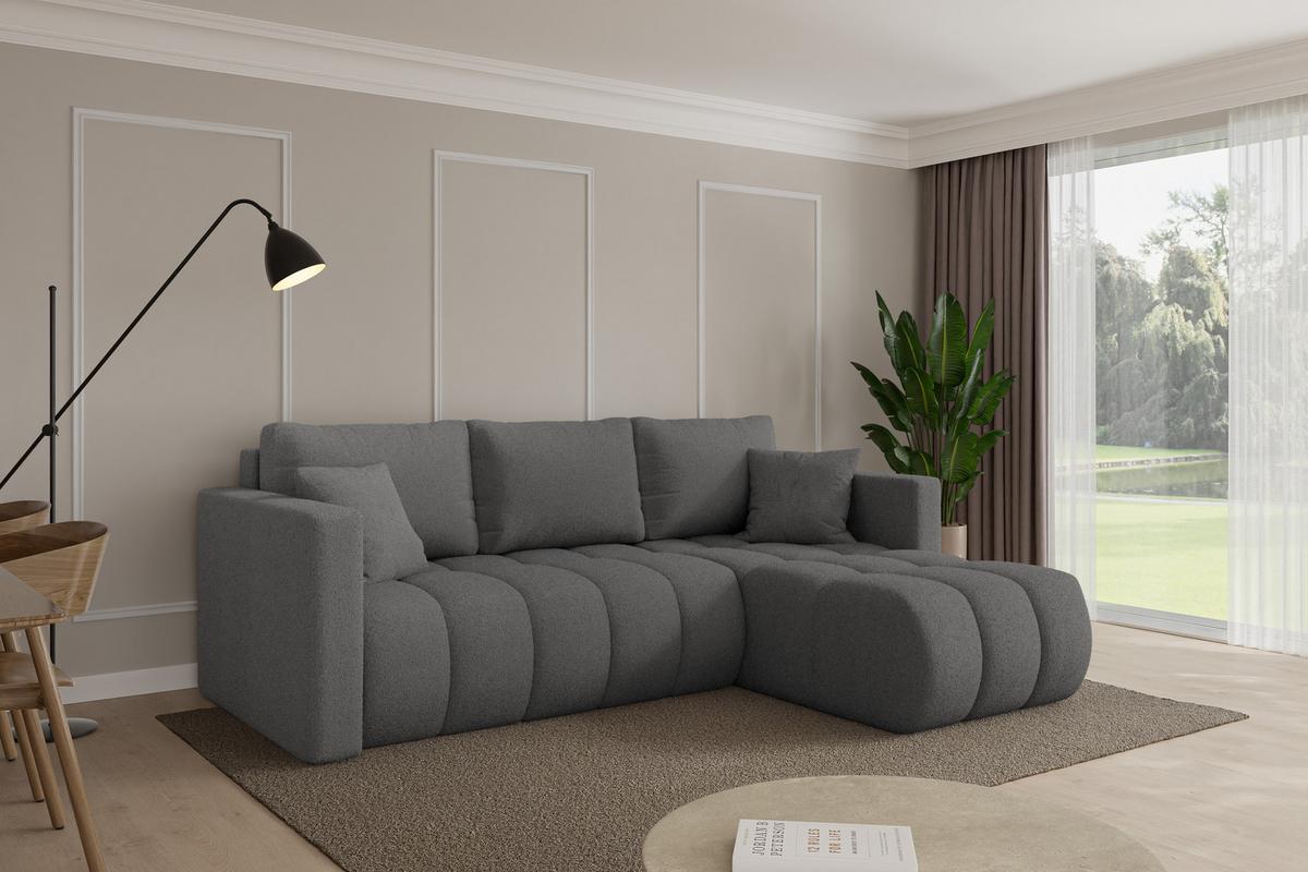 ECKSOFA mit Schlaffunktion Ottomane Rechts GARD-L 226x146x85 Grau Bouclé - Schieferfarben/Schwarz, Holzwerkstoff/Kunststoff (226/146cm) - ALTDECOR