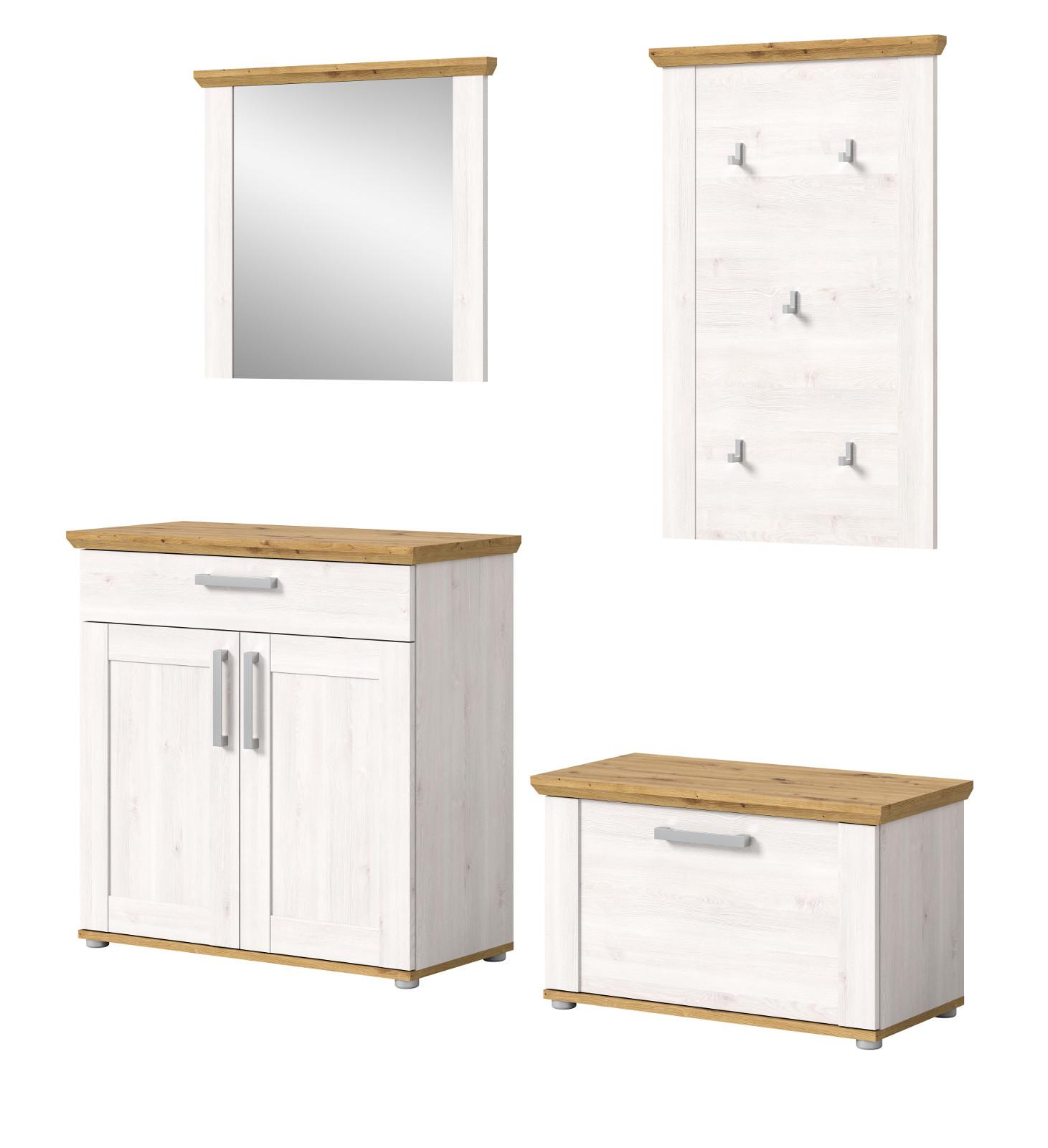 GARDEROBE Set 4-teilig weiß Lärche 190 cm, Komplettset im Landhaus-Stil - Silberfarben/Weiß, Glas/Holzwerkstoff (190/196/39cm) - Inn.Furn
