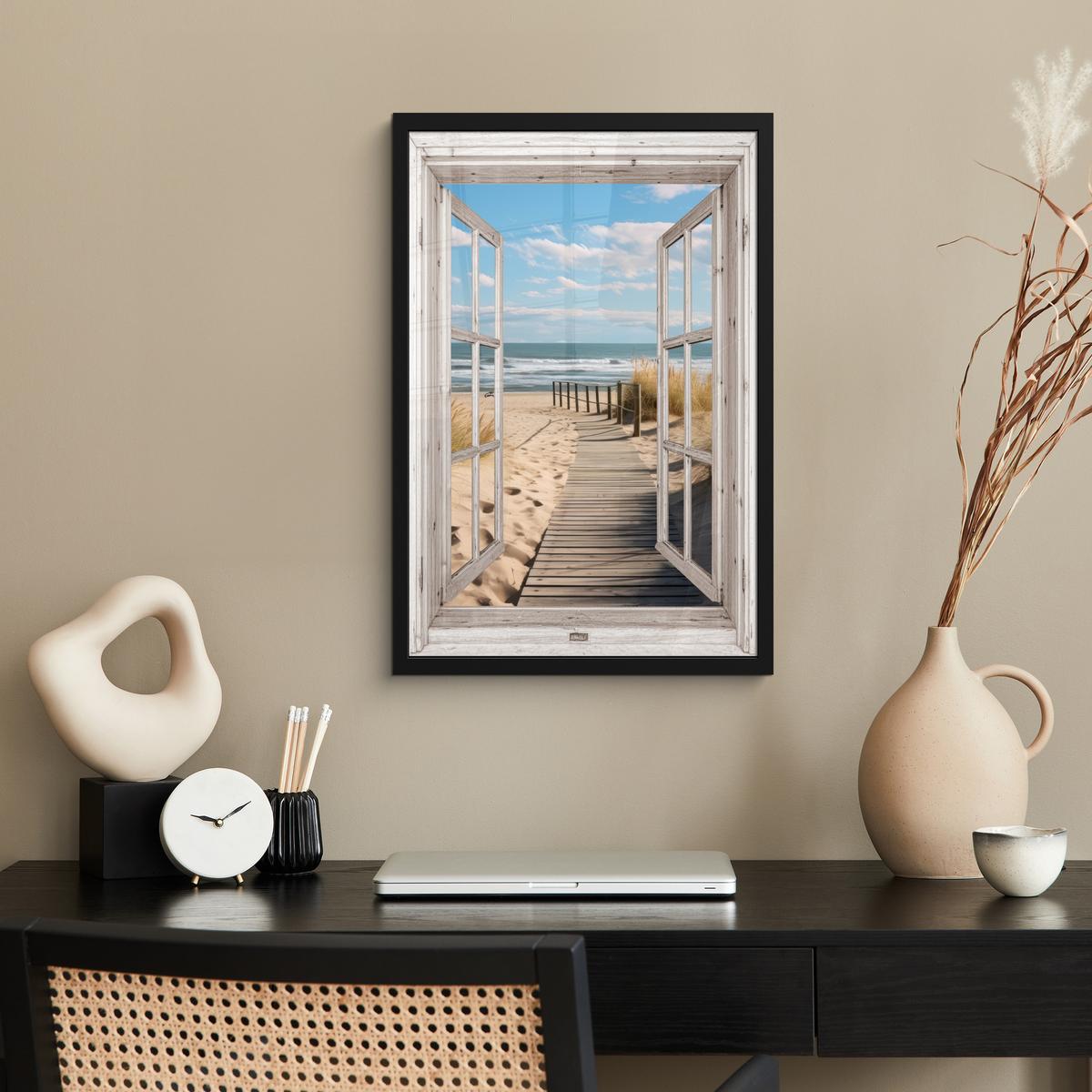 POSTER MIT RAHMEN Fenster - Meer - Küste - Natur - Ausblick - Strand - Wattenmeer Bilder mit Rahmen 40x60 cm - Beige, Papier (40/60cm) - MuchoWow