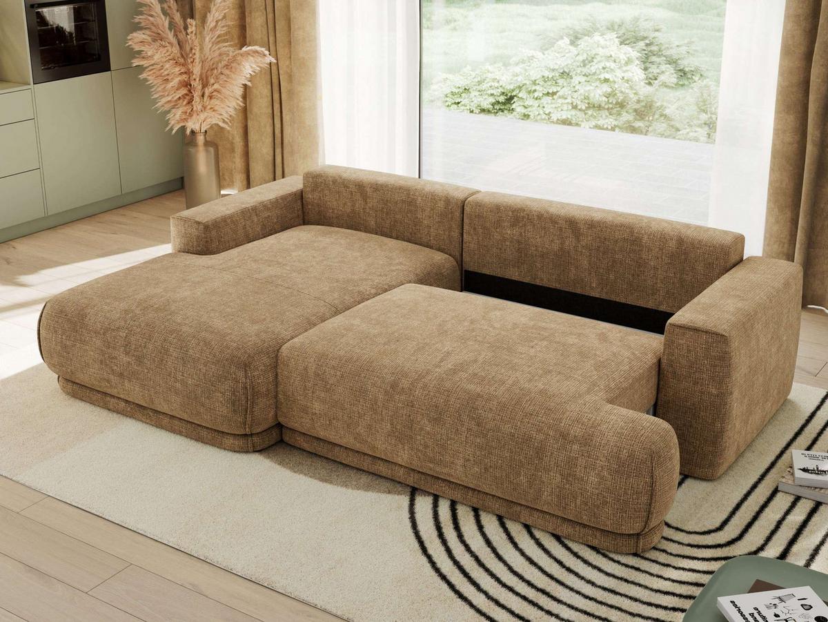 ECKSCHLAFSOFA RINA L Hellbraun Schenille grob gewebt - links - Hellbraun/Schwarz, Kunststoff/Textil (267/170cm) - MKS