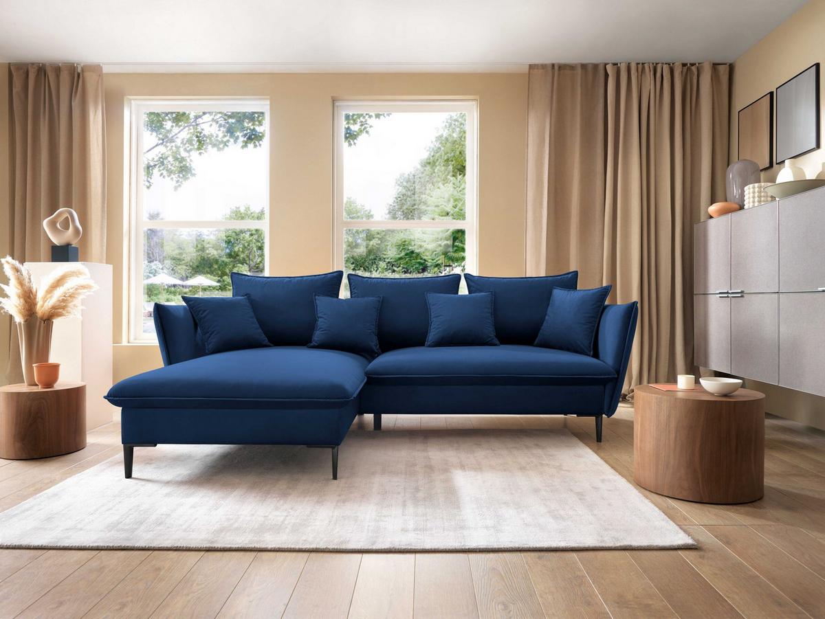 ECKSOFA SOLE Blau Plüsch-Stoff mit Schlaffunktion - Blau, Holz (258/167cm) - MASSENO