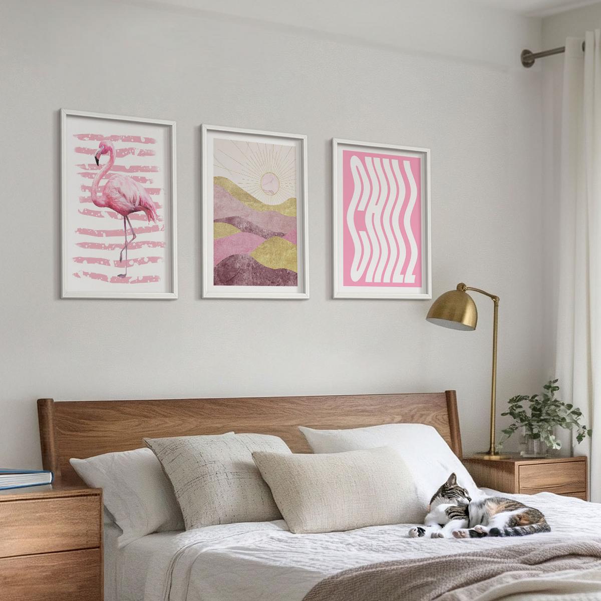 BILDER SET 3er Set - 40x60 cm Weißer Rahmen - Pastelllandschaft mit rosa Flamingos - Weiß, Kunststoff (40/60cm) - TULUP