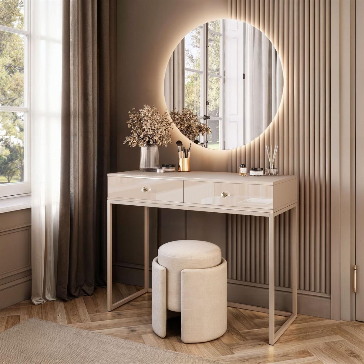 SCHMINKTISCH Blanco Glamour auf Kaschmir-Gestell mit LED-Spiegel Kristallgriff - Kaschmir, Holzwerkstoff (100/81/42cm) - Lookway