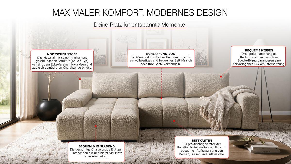 ECKSOFA Ovia mit Bettkasten und Schlaffunktion, Bouclé-Stoff in L-Form - Cappuccino, Textil (270/185cm)