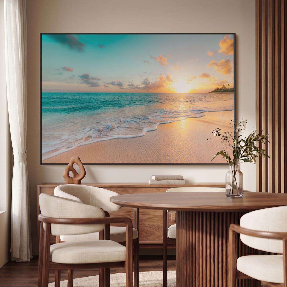 LEINWAND Bilder mit Rahmen - Sonnenuntergang - Strand - Meer - Sommer - Blau - 150x100 - Multicolor, Textil (150/100cm) - MuchoWow