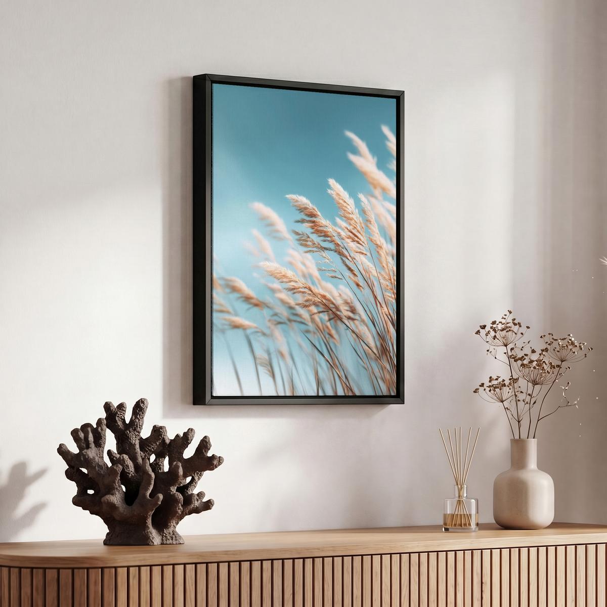 LEINWAND Bilder mit Rahmen - Ziergras - Wind - Hellbraun - 20x30 - Hellblau, Textil (20/30cm) - MuchoWow
