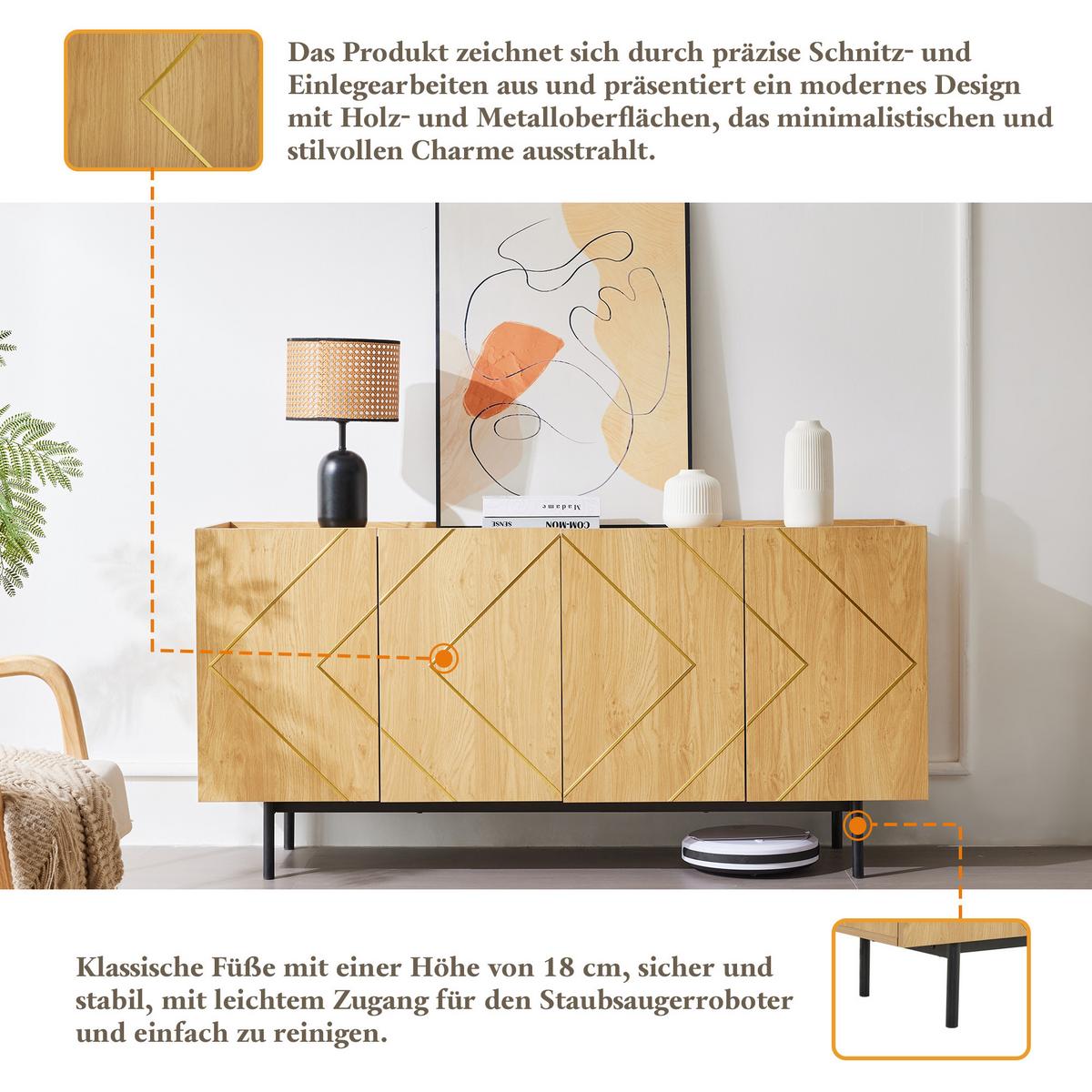 SIDEBOARD 4 Türen, Metall-Inlay, Griffloses Design, Naturholz Vielseitige Kommode & Beistellschrank - Sonoma Eiche, Holzwerkstoff (160/78/40cm) - Urban Meuble