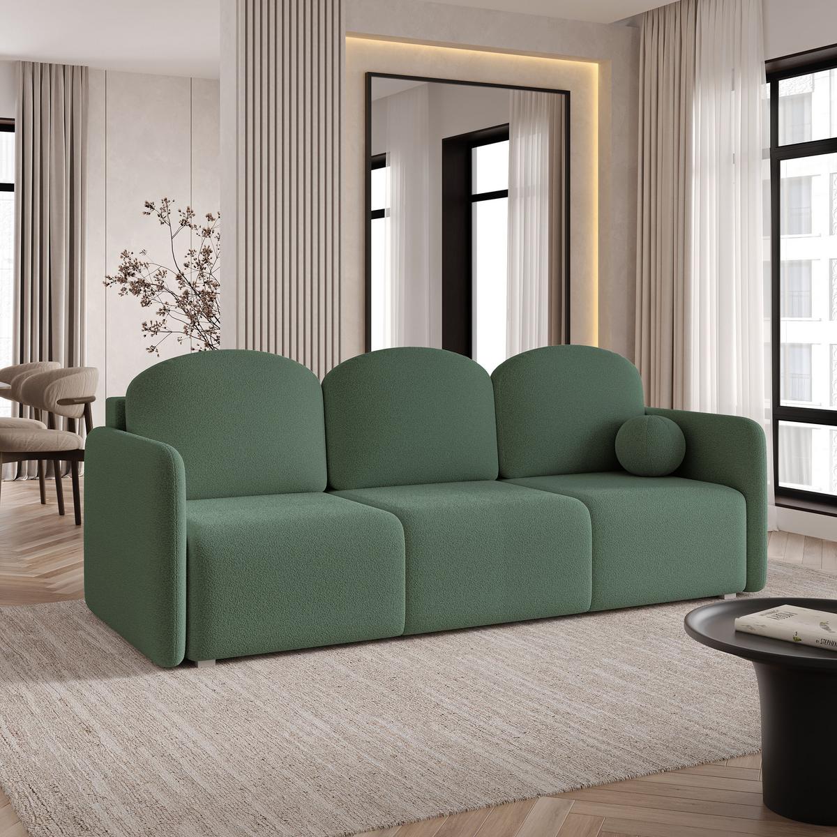 BETTSOFA SUVI III Q Grün Bucle-Stoff mit Schlaffunktion - Grün, Textil (220/85/90cm) - MASSENO