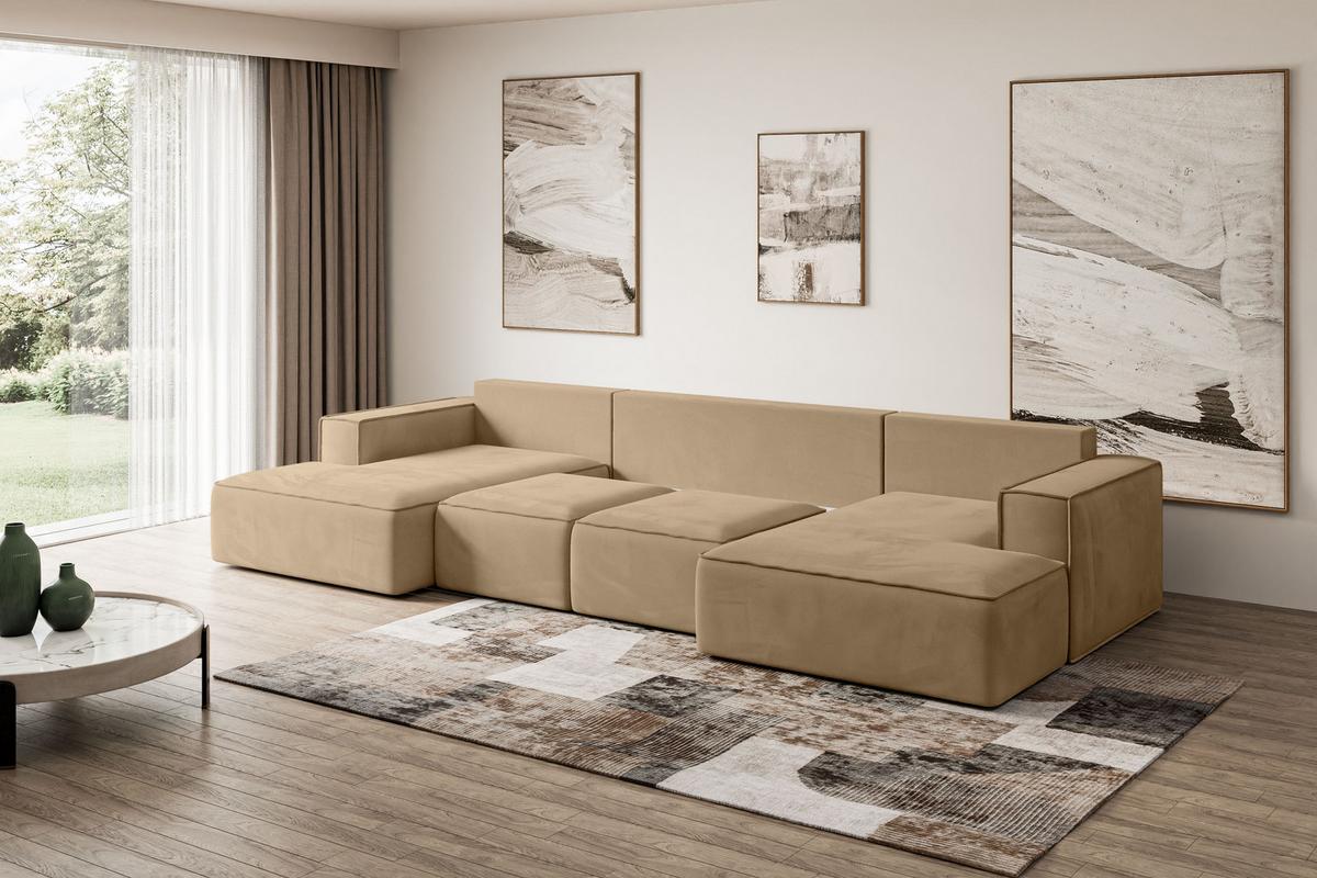 WOHNLANDSCHAFT mit Schlaffunktion und Bettkasten SIERRA-U-S - 349x161x87 cm Beige Velours - Beige/Schwarz, Holzwerkstoff/Kunststoff (349/87/161cm) - ALTDECOR
