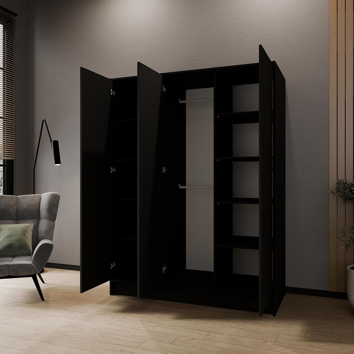 DREHTÜRENSCHRANK VELAR 150/200/51 cm Modern Kleiderschrank 3-türig Schwarz - Schwarz, Holzwerkstoff (150/200/51cm) - MASSENO