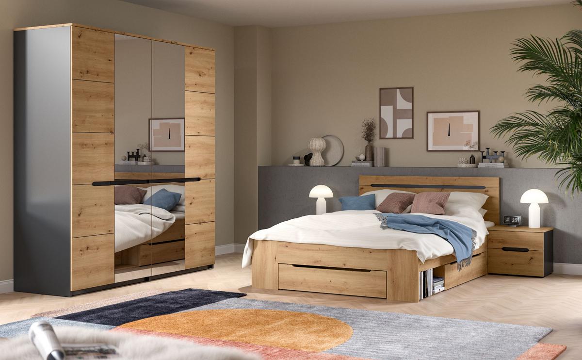 BETT Eiche, grau Liegefläche 140 x 200 cm, Stauraumbett mit 3x Bettschubkasten - Eiche Artisan/Grau, Holzwerkstoff/Metall - Inn.Furn