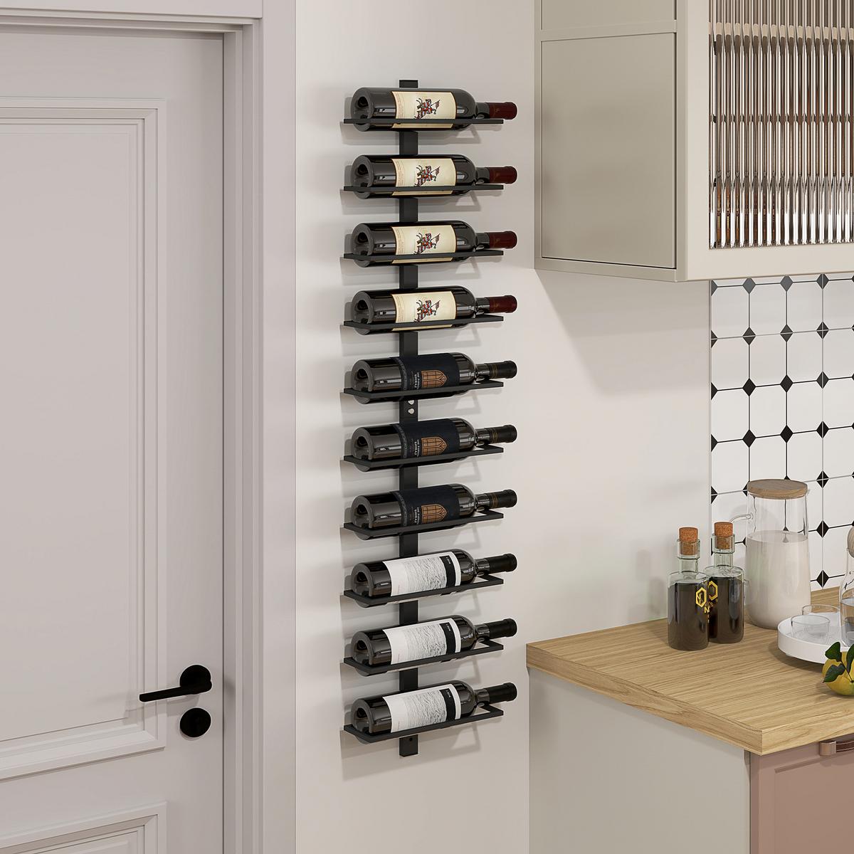 WEINREGAL Flaschenregal zur Wandmontage für 10 Weinflaschen, Stahl Schwarz - Schwarz, Metall (10/116/27cm) - HOMCOM