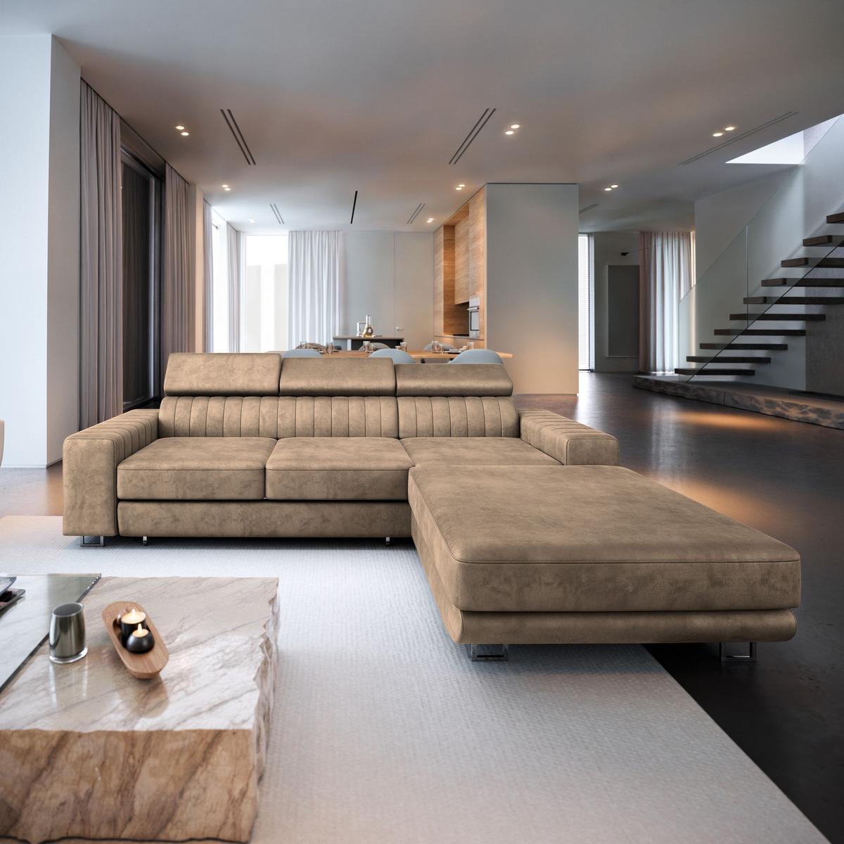 ECKSOFA NOTO L-S Beige Velours-Stoff mit Schlaffunktion - Beige/Silberfarben, Holz/Textil (267/190cm) - MASSENO