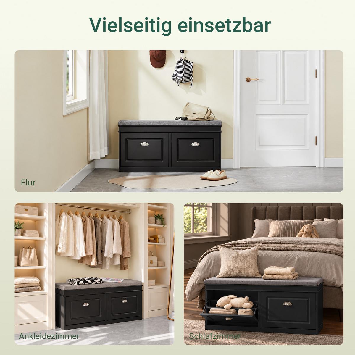 SCHUHBANK schwarz, 104x52x24 cm, Sitzpolster, 2 Klappen für 8 Paar, bis 150 kg, verstellbare Böden, für Flur & Diele - Schwarz, Holzwerkstoff (104/52/24cm) - SoBuy