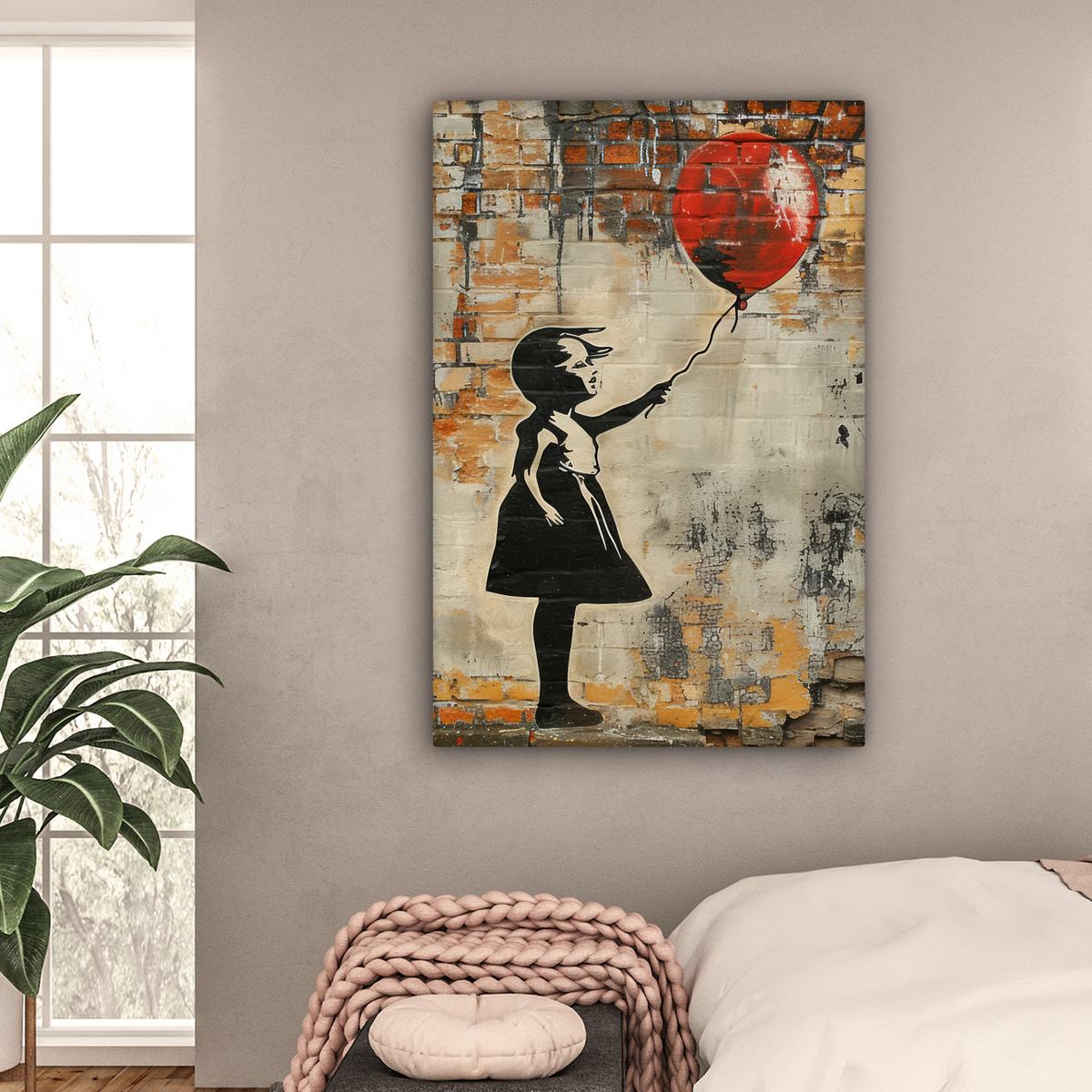 LEINWANDBILD Graffiti - Banksy - Mädchen - Straßenkunst Deko XXL 80x120 cm - Sandfarben, Textil (80/120cm) - MuchoWow