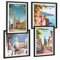 BILDER SET 4er Set - 50x50 cm & 40x60 cm Schwarzer Rahmen - Europäische Städte in farbigen Illustrationen - Schwarz, Kunststoff (50/50cm) - TULUP
