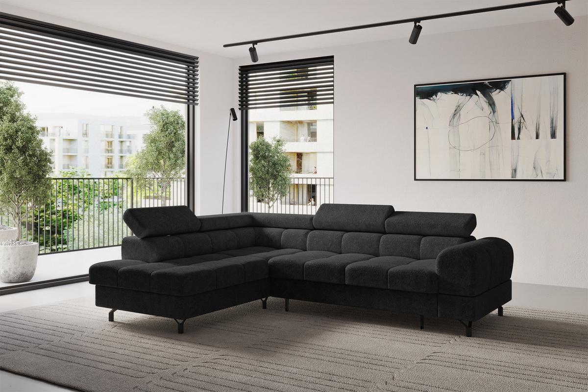 ECKSOFA mit Schlaffunktion Ottomane Links LUMA-L 272x203x70 Schwarz Velours - Schwarz, Holzwerkstoff/Kunststoff (272/203cm) - ALTDECOR
