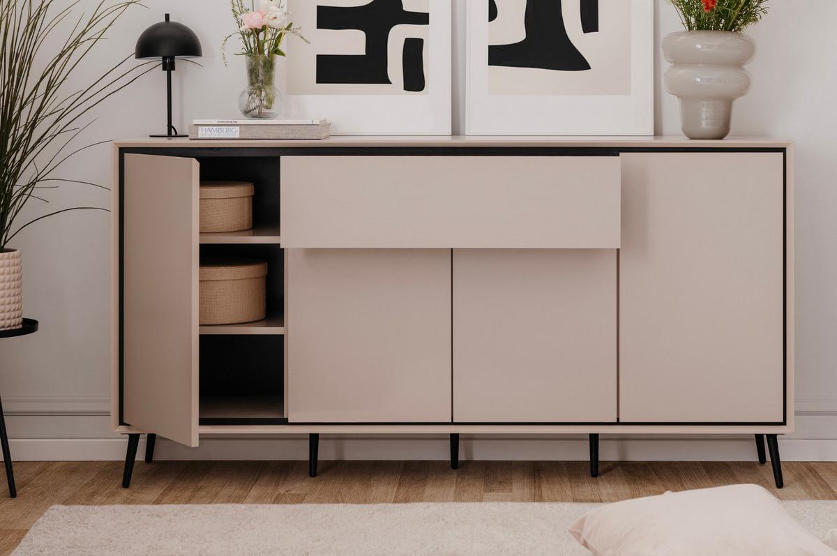 SIDEBOARD Sand und Schwarz 175 x 90 cm, Kommode mit Soft-Close-Funktion - Sandfarben/Schwarz, Holzwerkstoff/Kunststoff (175/90/38cm) - Furn.Design