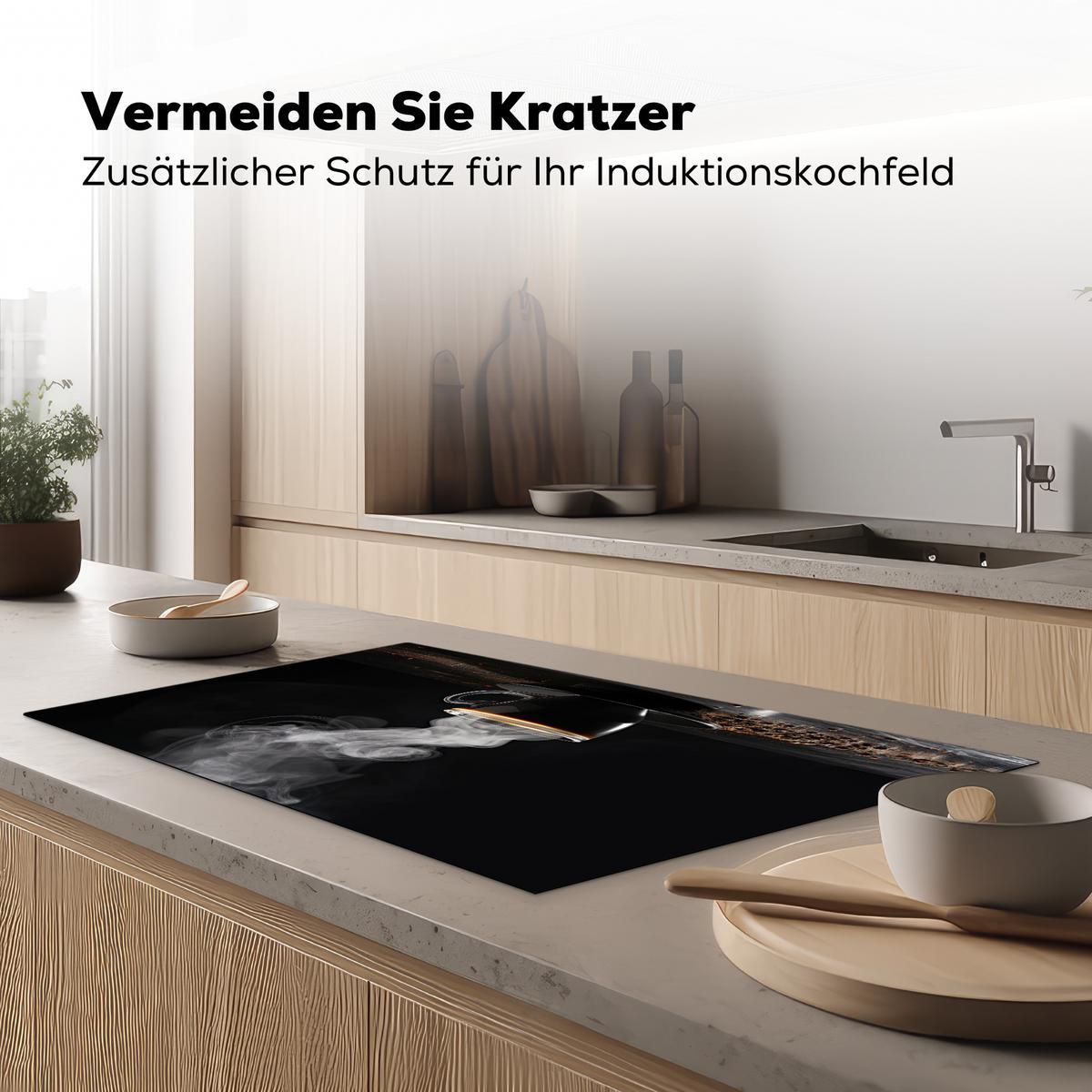 HERDABDECKPLATTE Kaffee - Schwarz - Bohnen - Heiß - Tasse Ceranfeldabdeckung 90x52 cm - Schwarz, Kunststoff (90/52/0.2cm) - MuchoWow