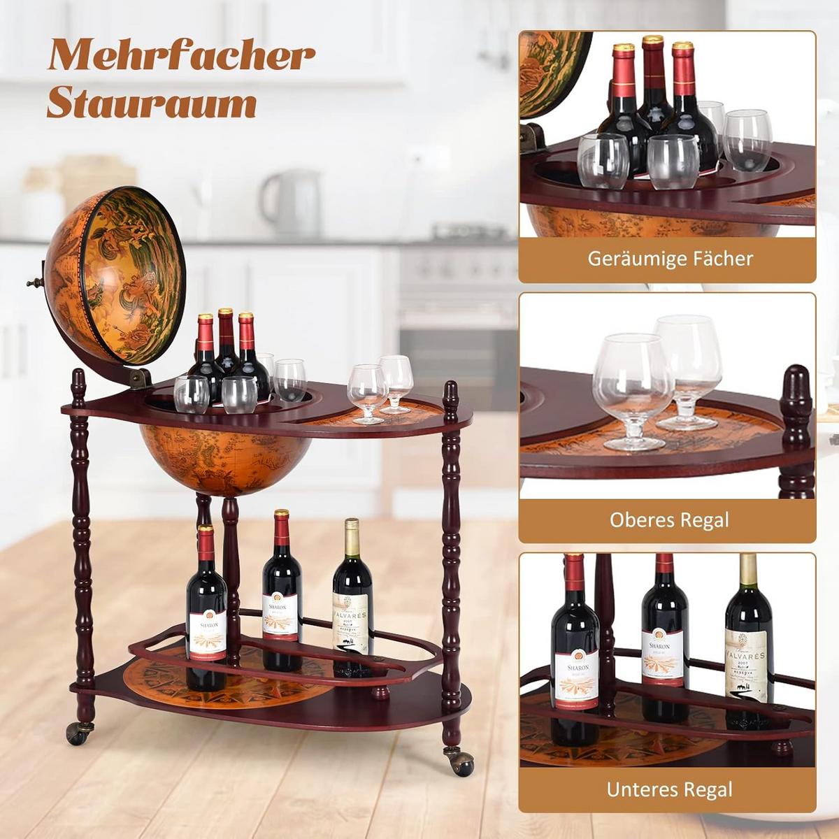 WEINREGAL globusbar minibar Braun - Braun, Holz (33/88cm) - COSTWAY