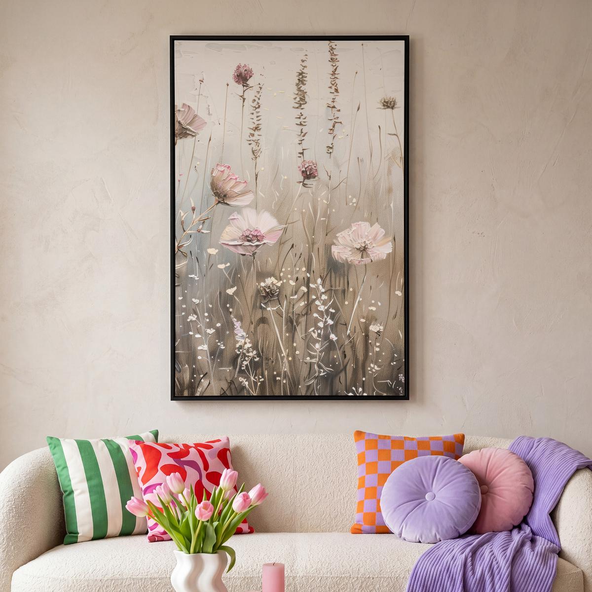 LEINWAND Bilder mit Rahmen - Blumen - Rosa - Modern - Beige - 80x120 - Beige, Textil (80/120cm) - MuchoWow