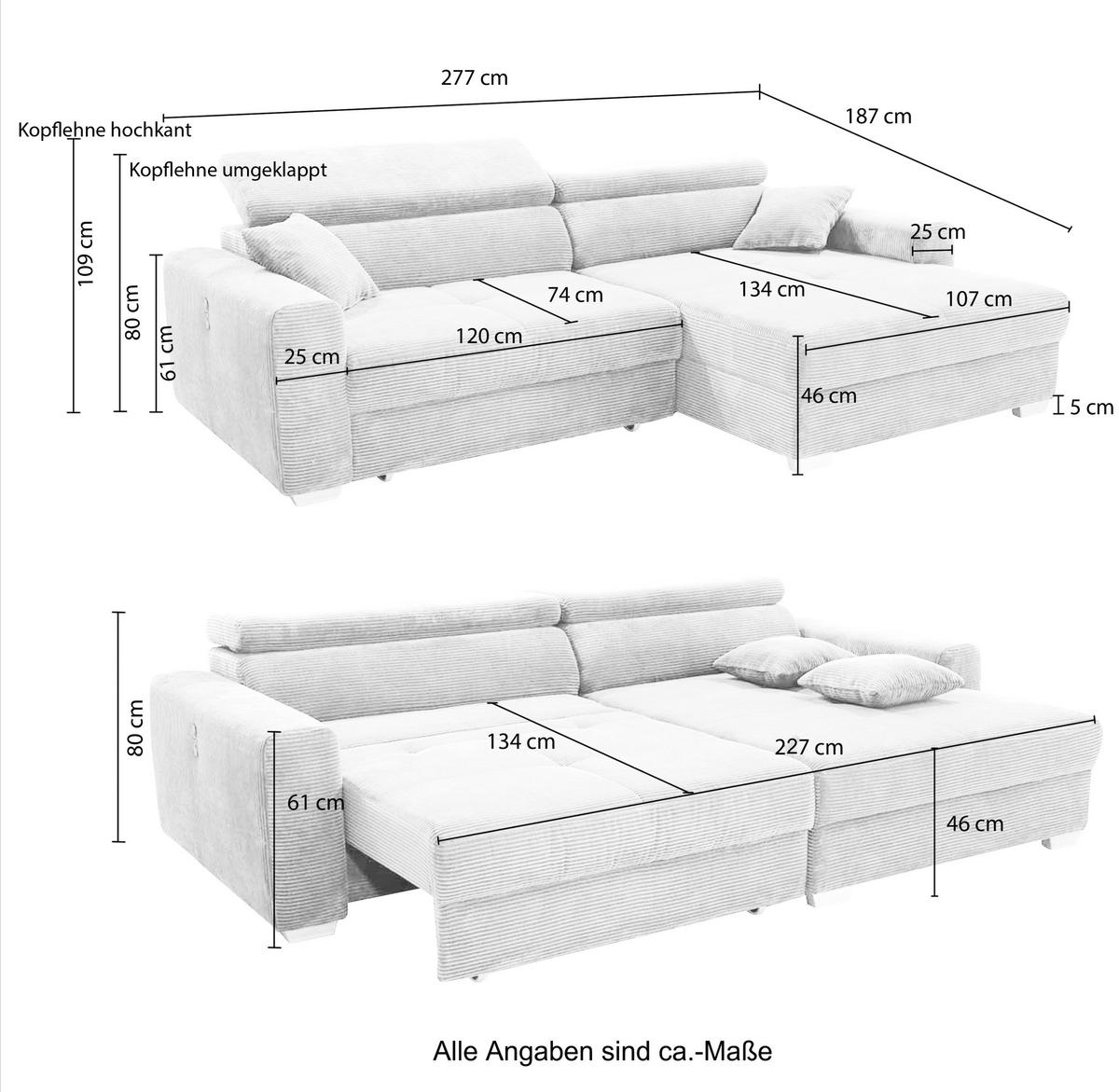 ECKSOFA mit elektrischer Sitztiefenverstellung, Kopflehnen verstellbar, USB-A und USB-C Ladefunktion B277/T187/H109 cm, Cord Braun Taupe / 15401 - Eichefarben/Braun, Eichenholz/Textil (277/187cm) - luma-home