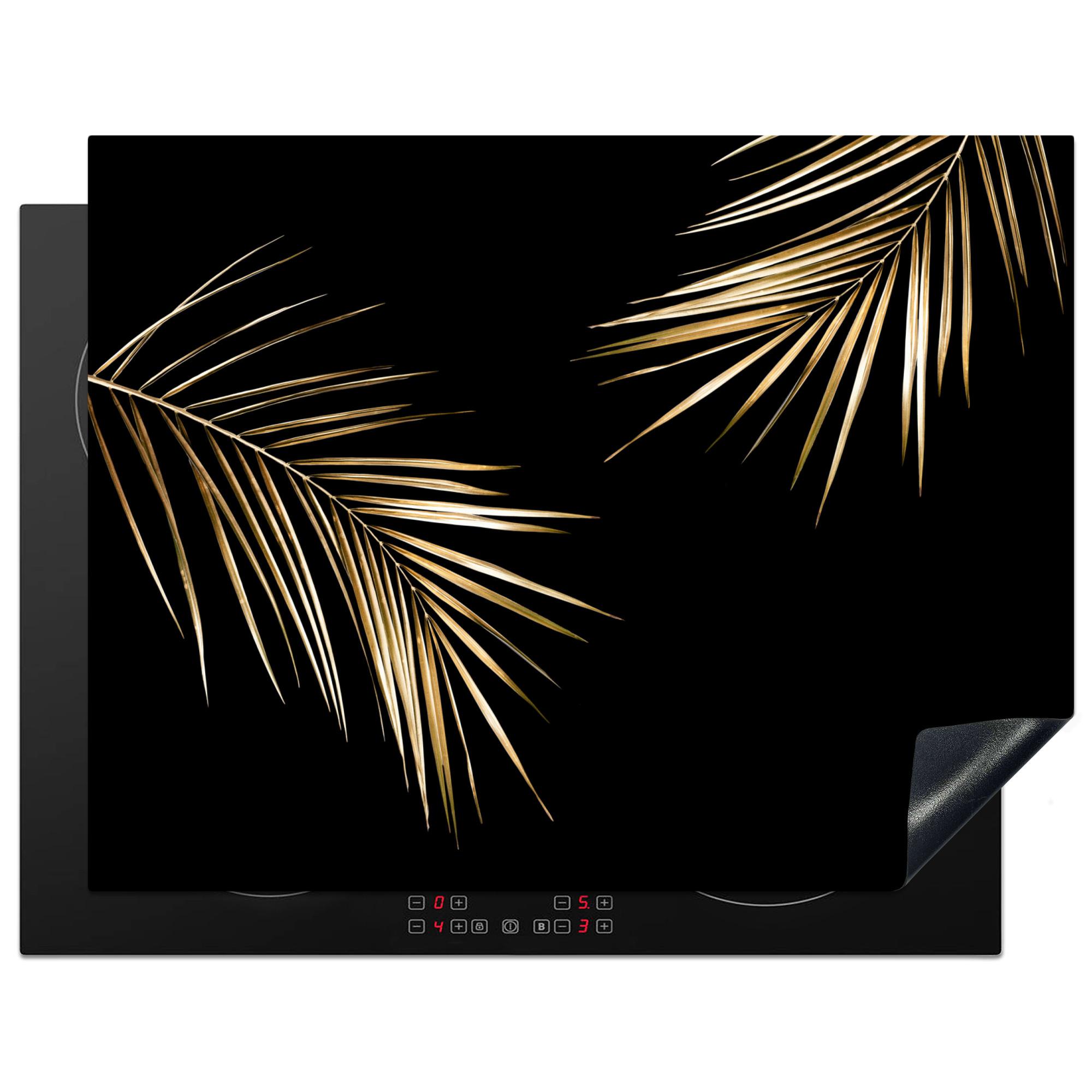 HERDABDECKPLATTE Blätter - Pflanzen - Gold - Schwarz - Luxus Induktionsmatte 77x59 cm - Goldfarben, Kunststoff (77/59/0.2cm) - MuchoWow